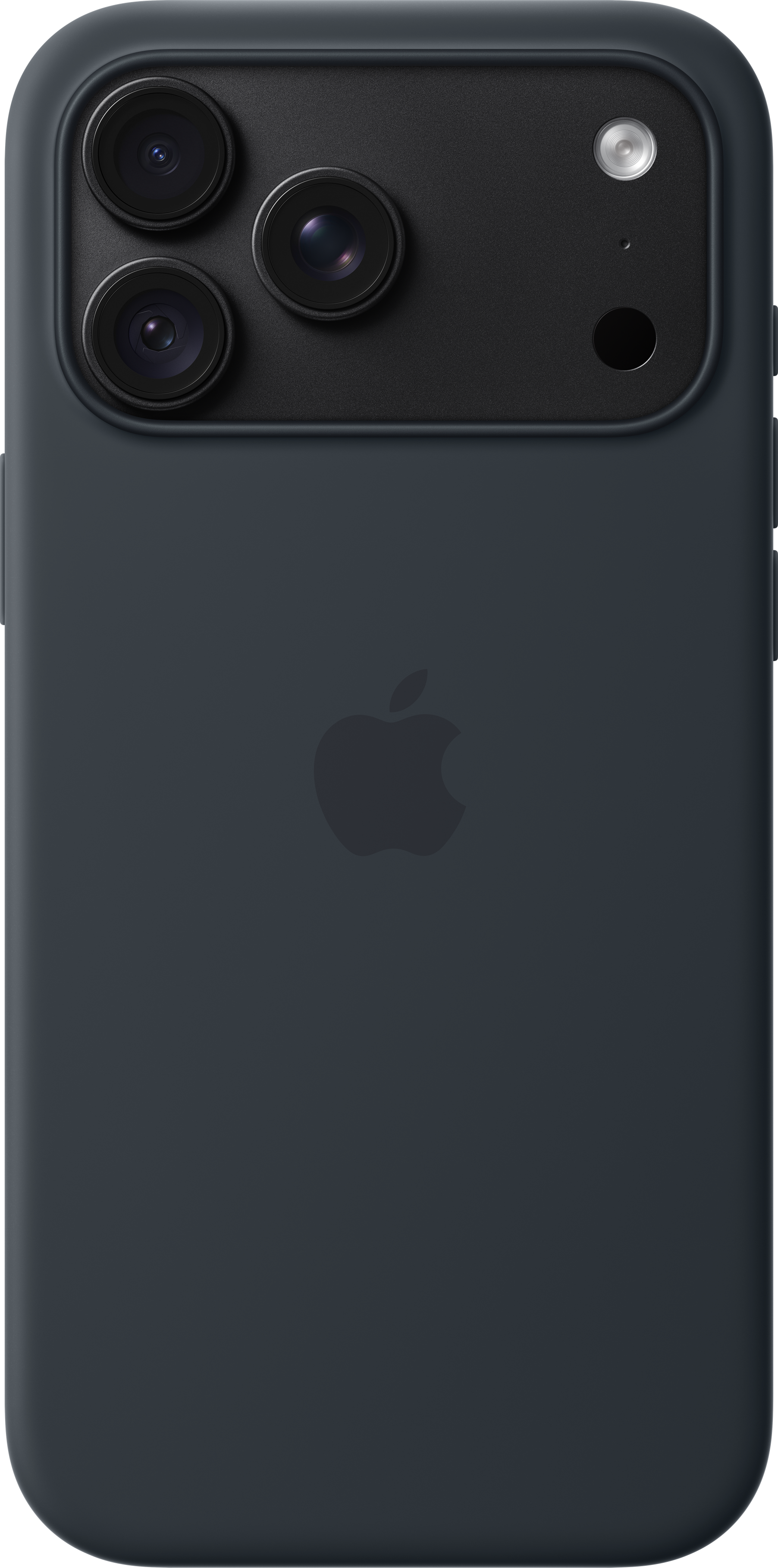 Dos d'un smartphone sombre dans une coque de protection avec module à triple caméra et logo Apple.