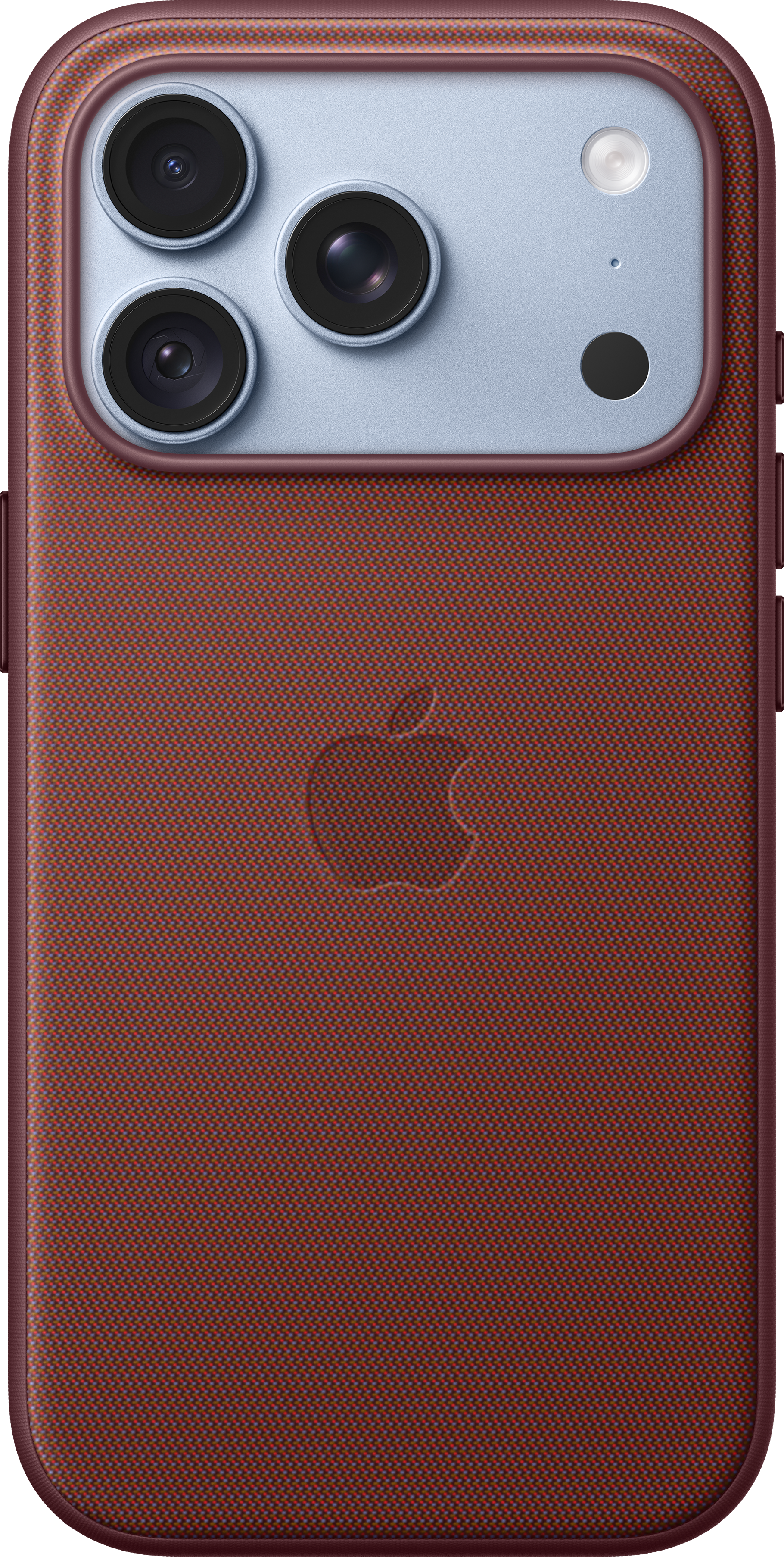 Dos d'un smartphone rouge avec étui tissé, trois caméras et logo Apple en relief.