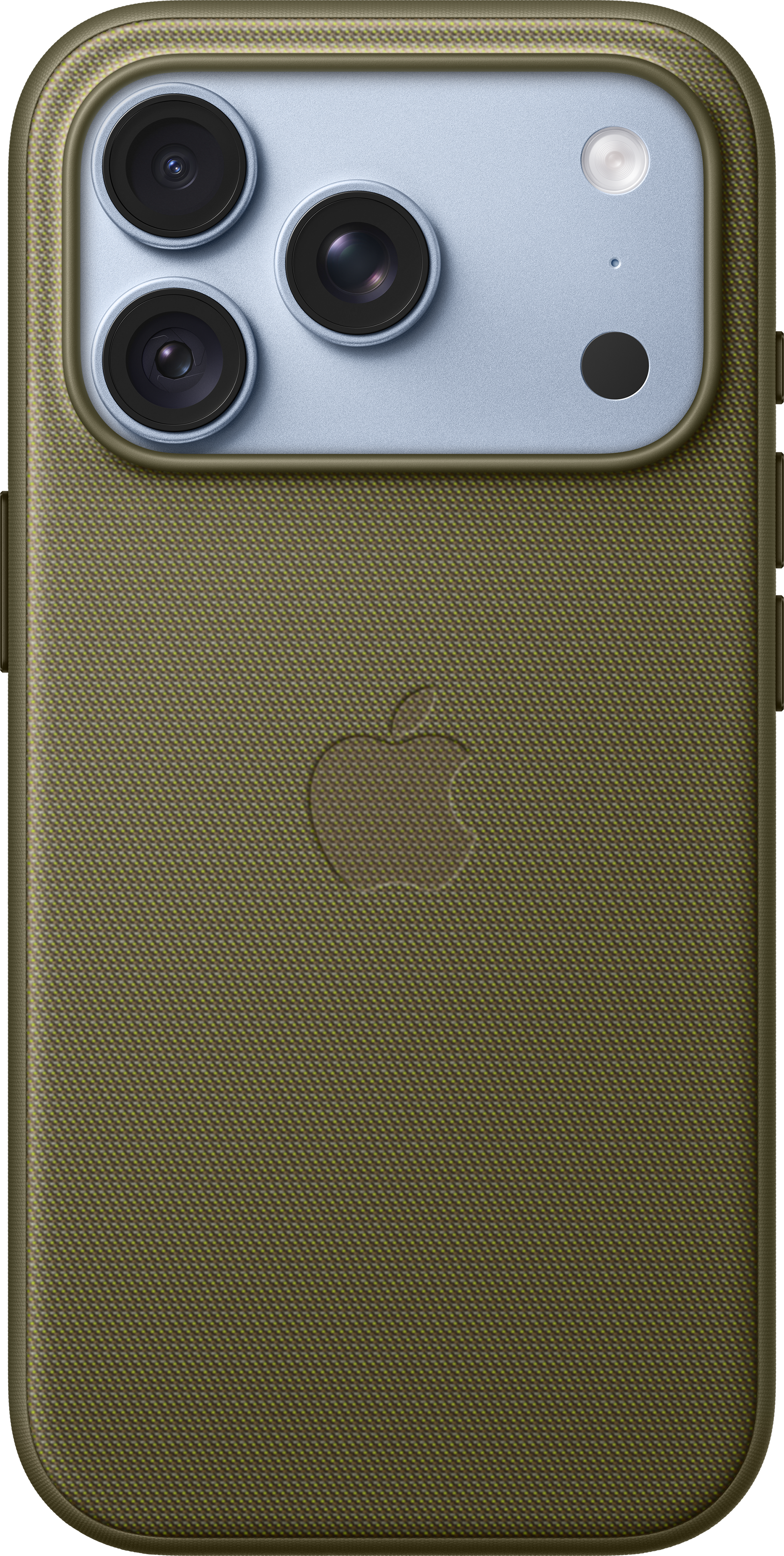 Rückseite eines grünen iPhones in einer Schutzhülle mit drei Kameras und einem Apple-Logo.