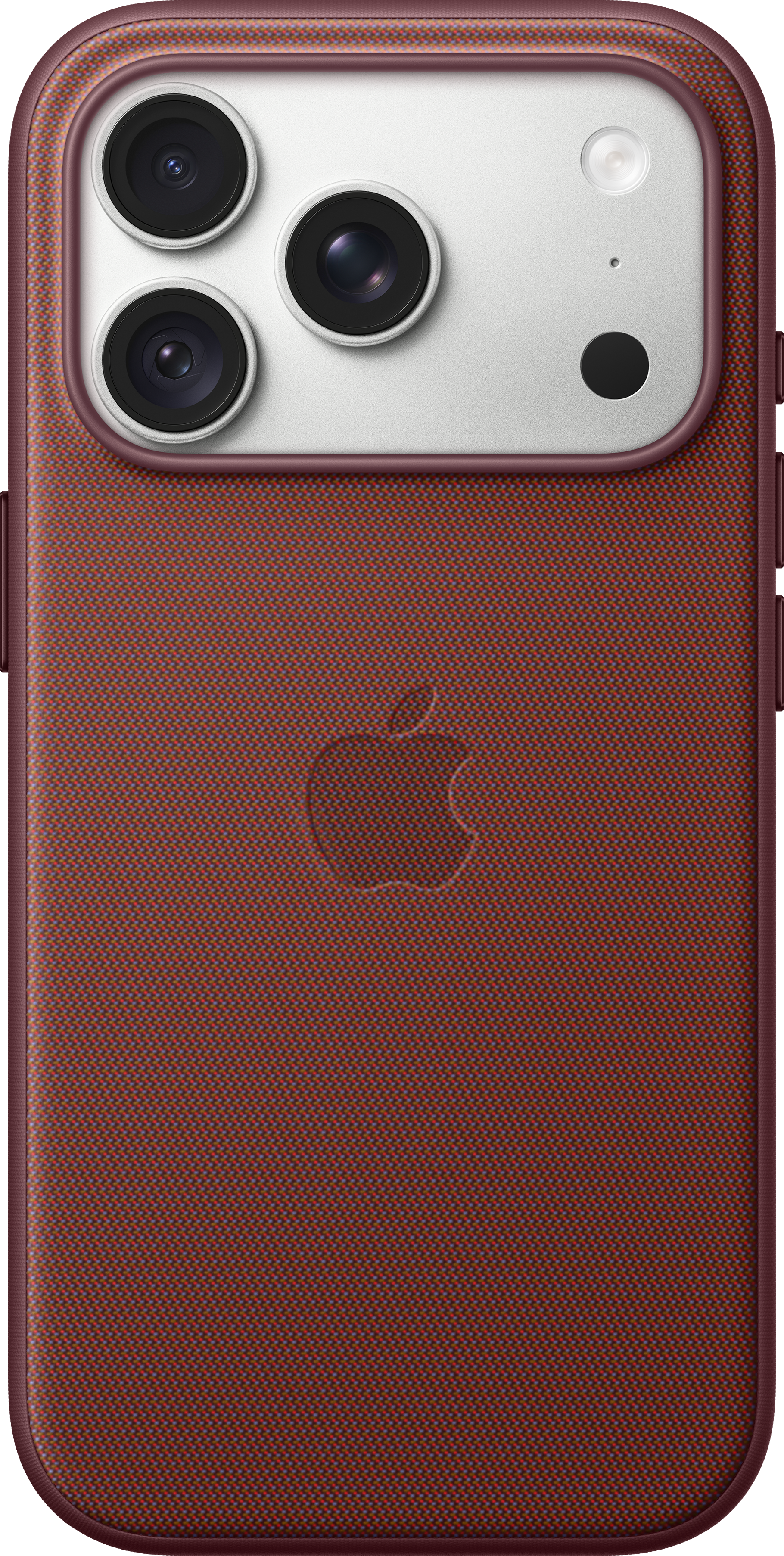 Dos d'un iPhone rouge avec coque texturée, trois objectifs photo et le logo Apple au centre.