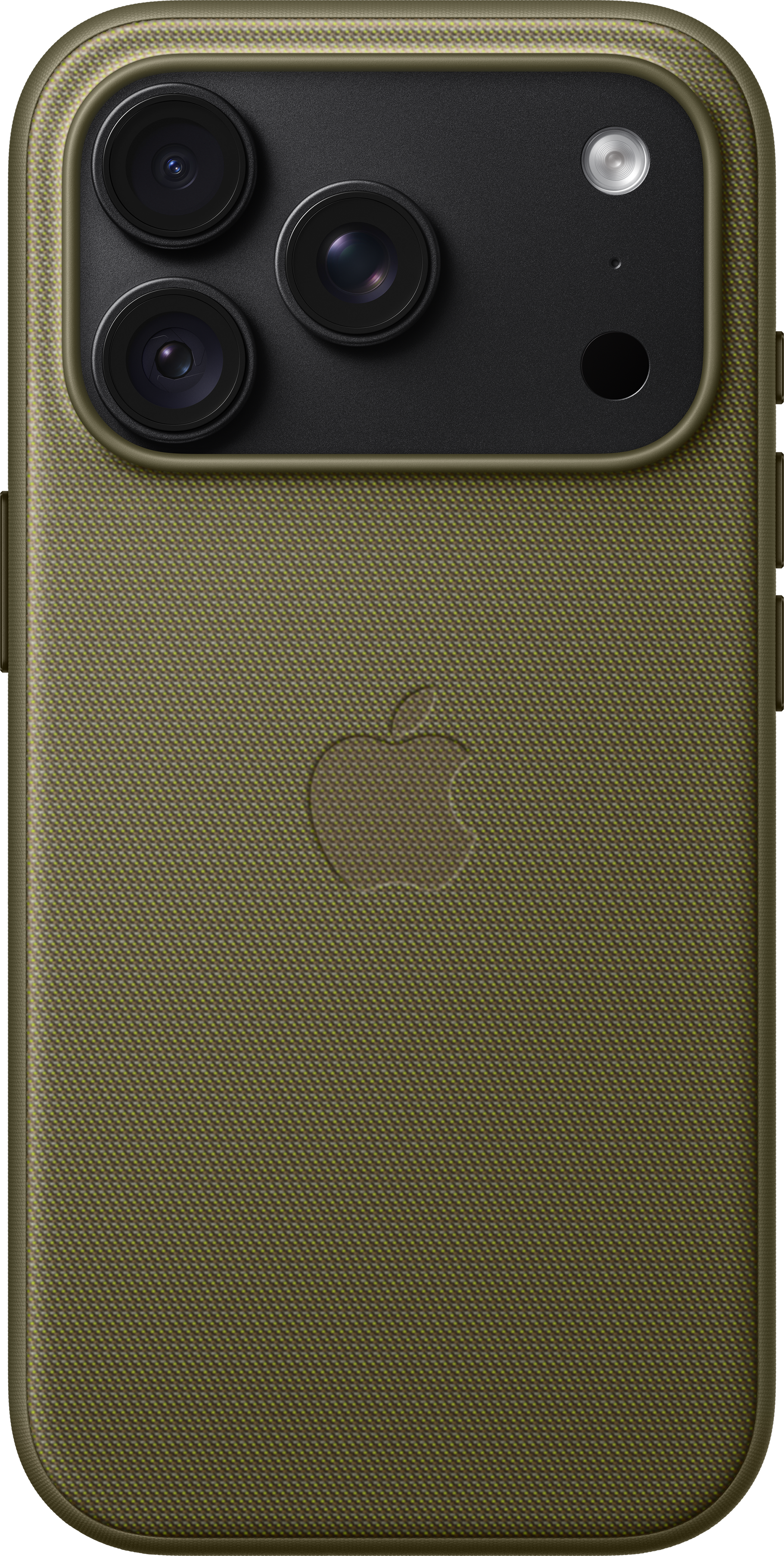 Rückseite eines grünen iPhone in einer strukturierten Hülle mit Apple-Logo und dreifacher Kamera.