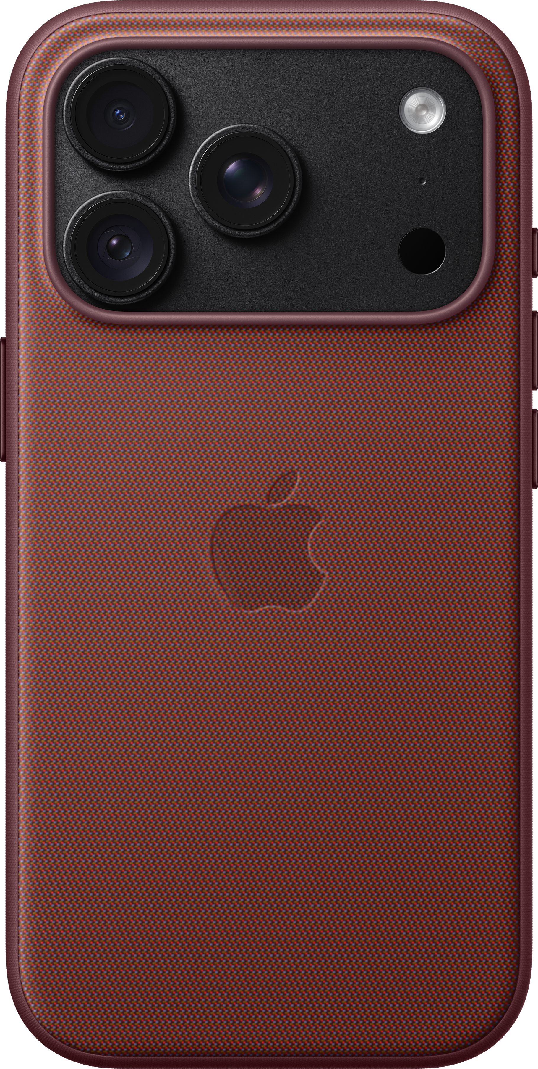 Dos d'une coque d'iPhone en tissu tissé rouge foncé avec le logo Apple et trois objectifs.