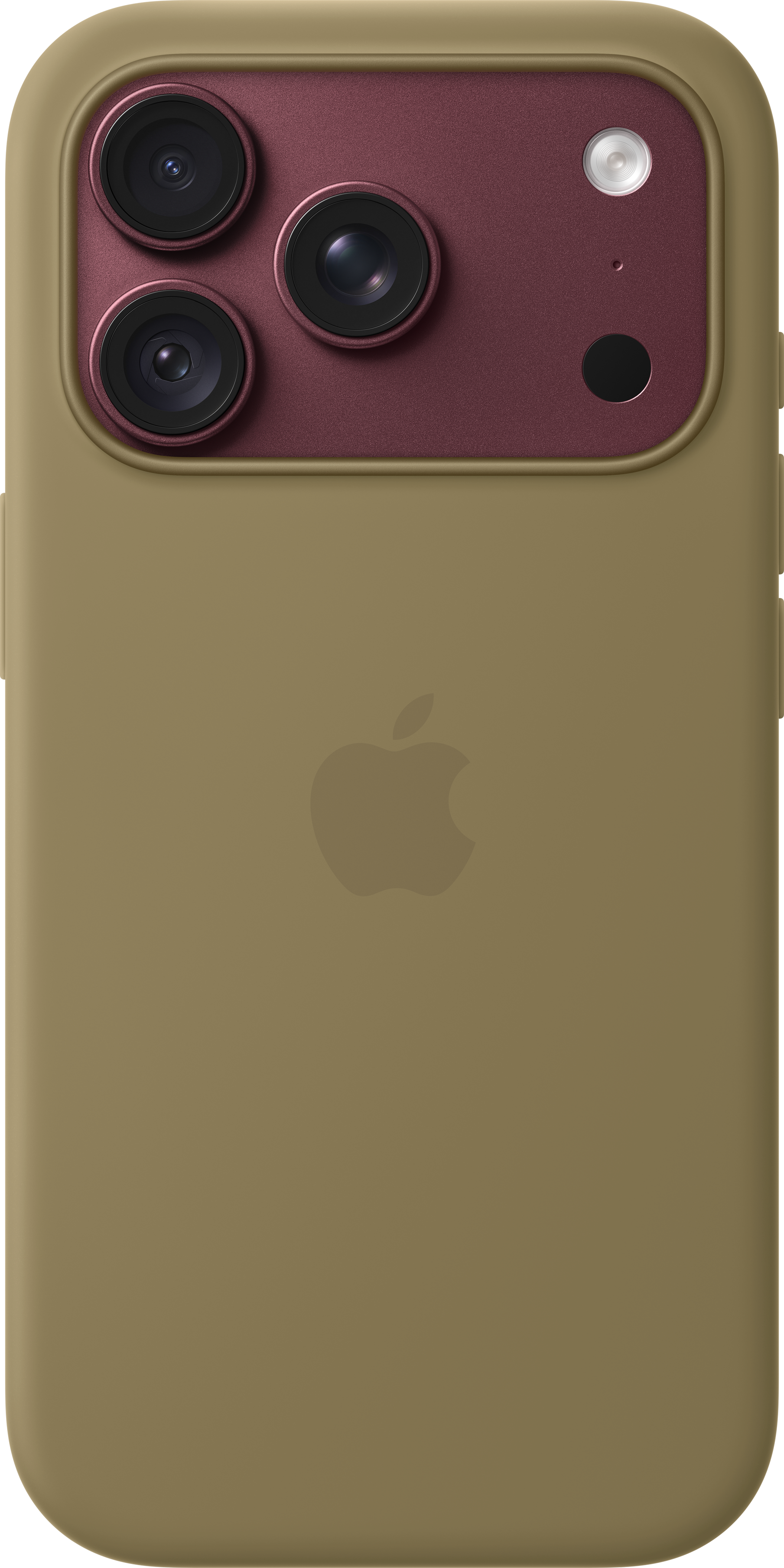 Coque vert olive avec module photo rouge foncé, trois objectifs, un flash et le logo Apple au dos.