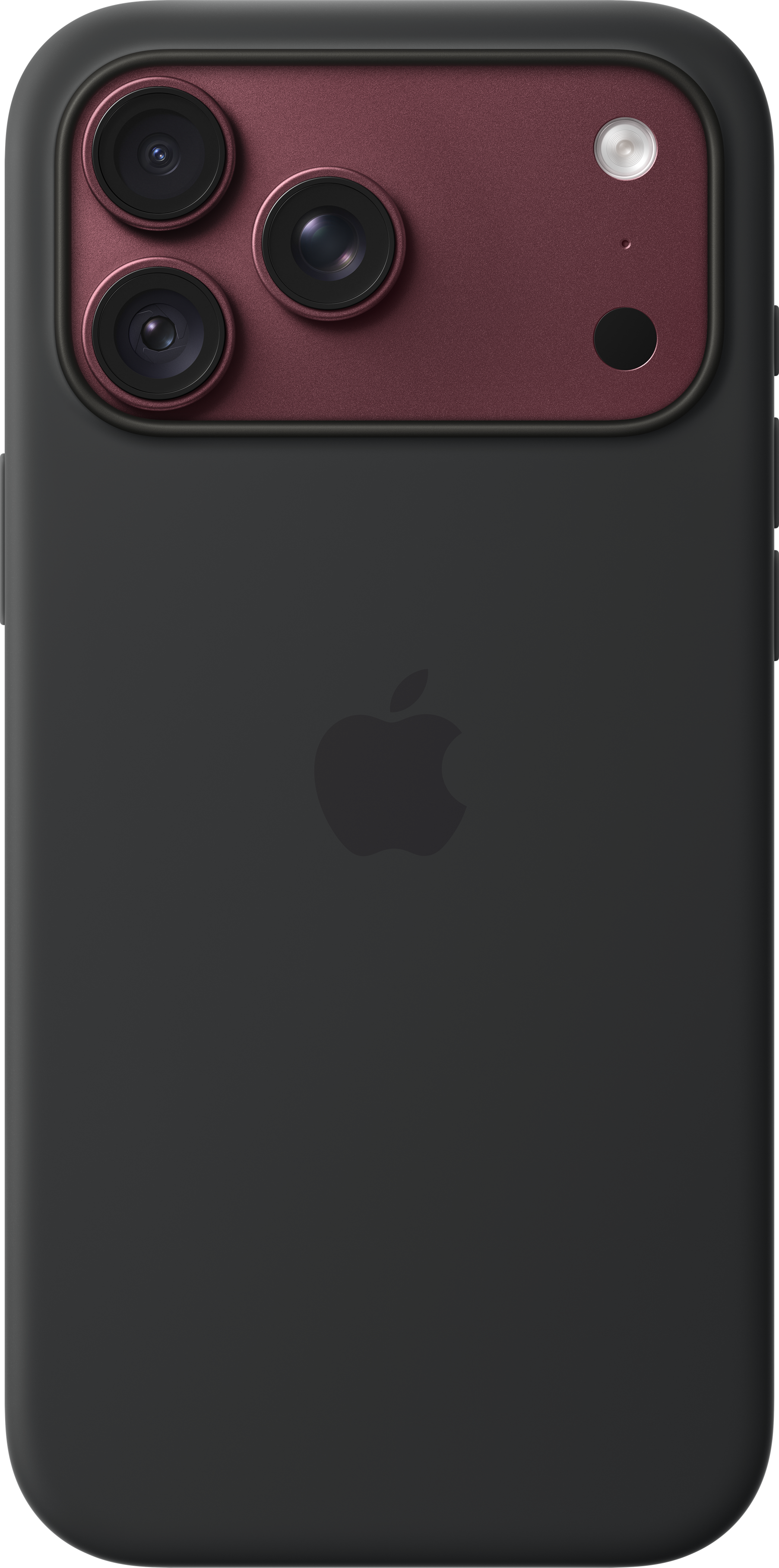 Dos d'un iPhone noir avec un îlot de caméra rouge en haut et le logo Apple au centre.