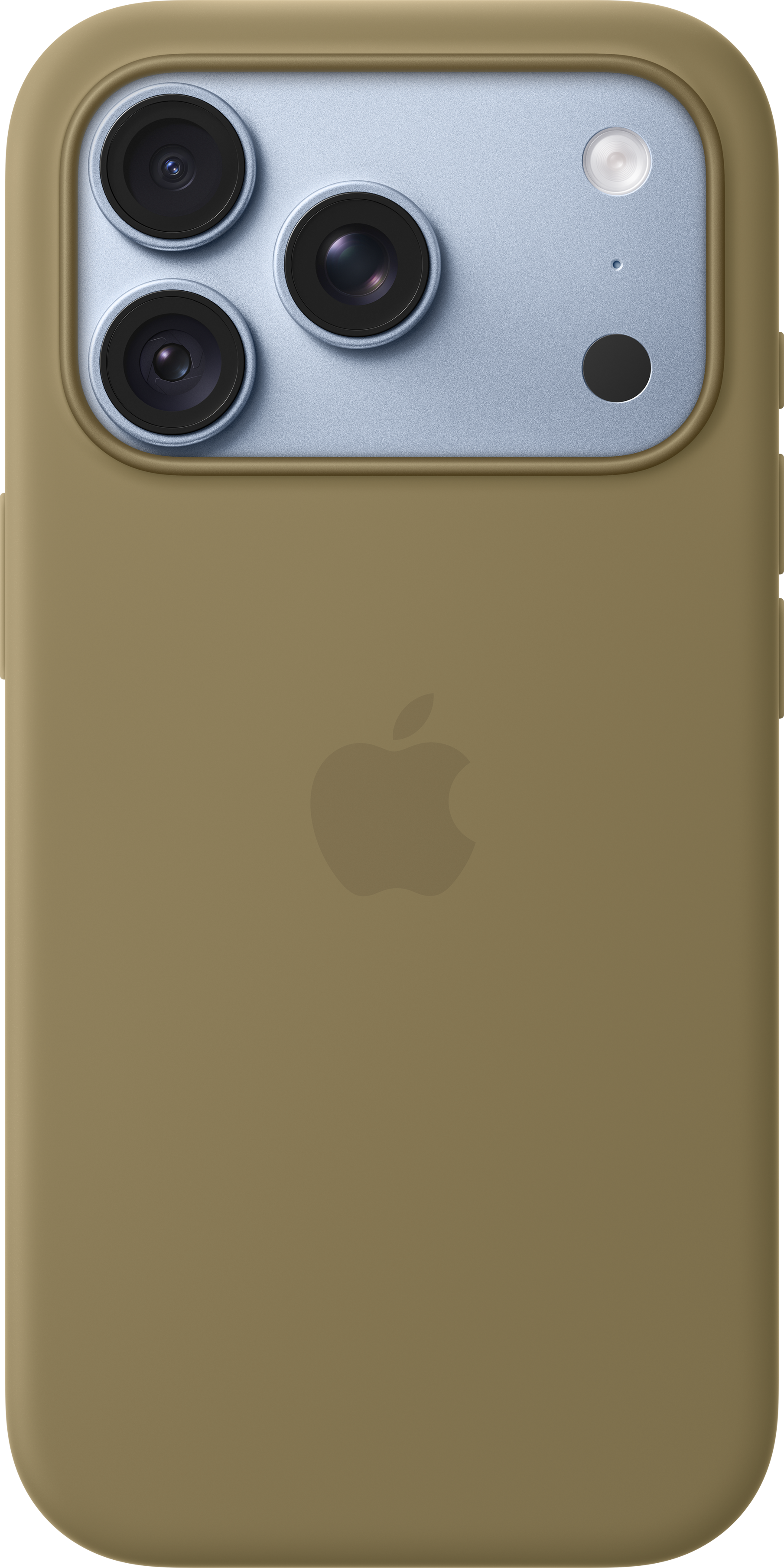 Arrière d'un smartphone à coque de protection beige avec triple appareil photo et logo Apple.
