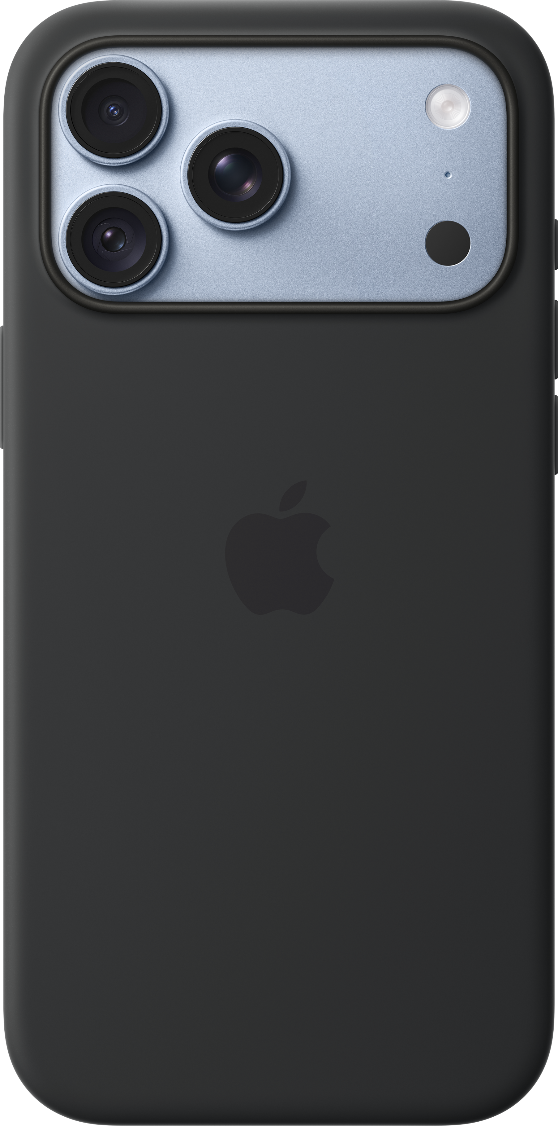 Dos d'un iPhone noir avec un système à triple caméra sur un module bleu clair et un logo Apple.