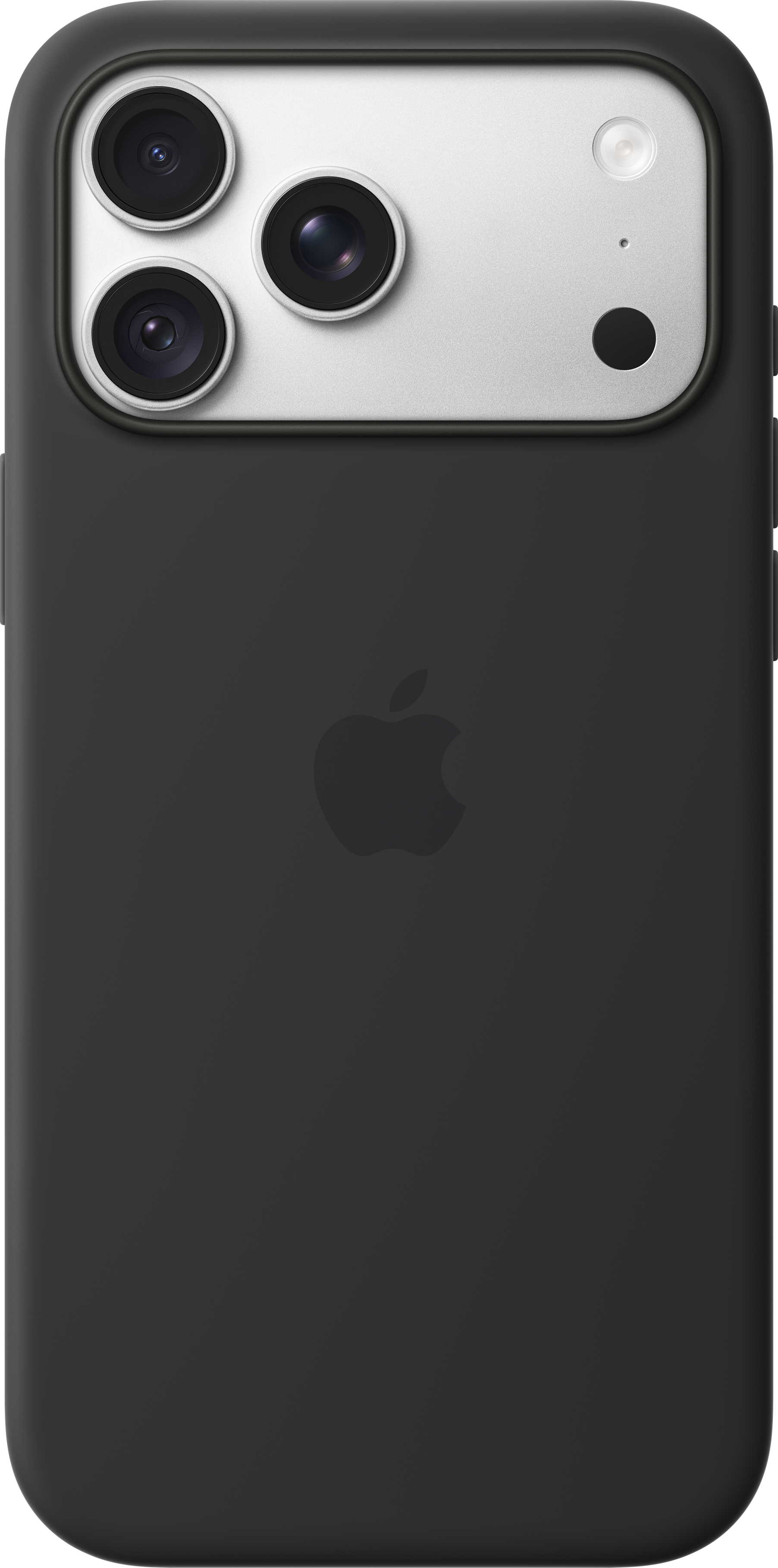 Dos d'un iPhone noir avec coque noire, logo Apple au centre et triple appareil photo.
