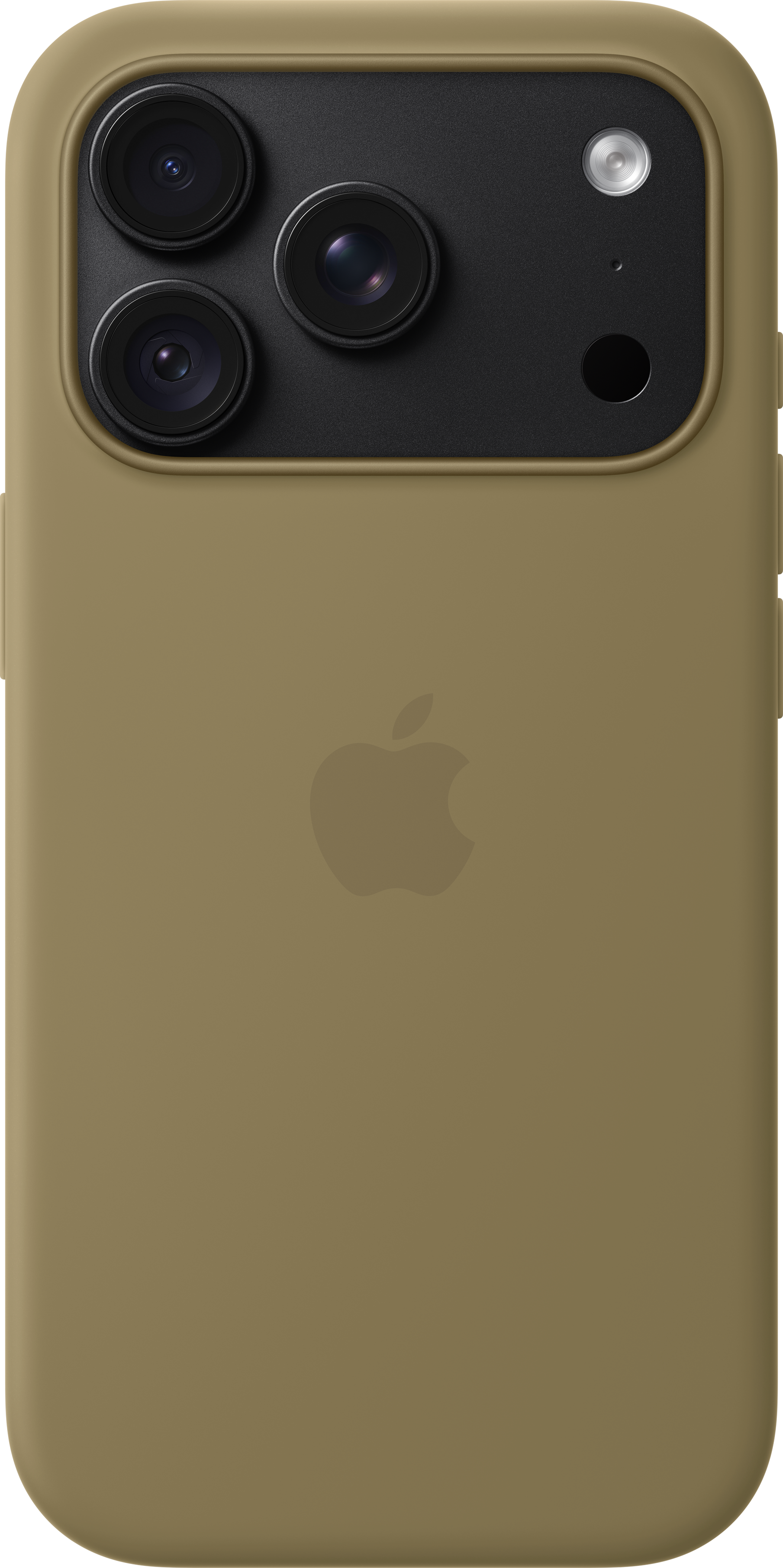 Dos d'un iPhone vert olive avec triple appareil photo et logo Apple.