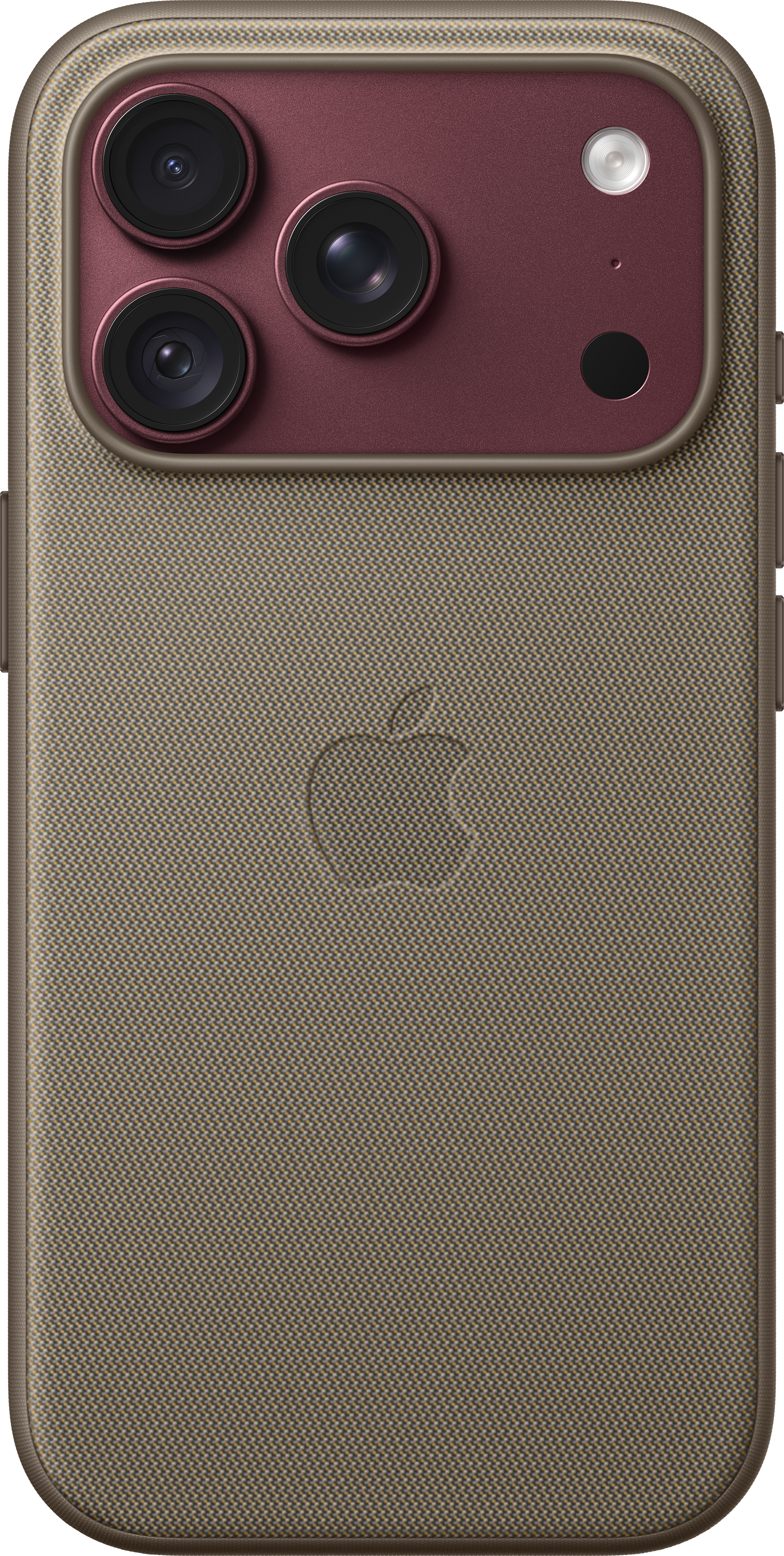 Dos d'une coque de smartphone en tissu marron avec un module photo rouge, trois objectifs et le logo Apple.