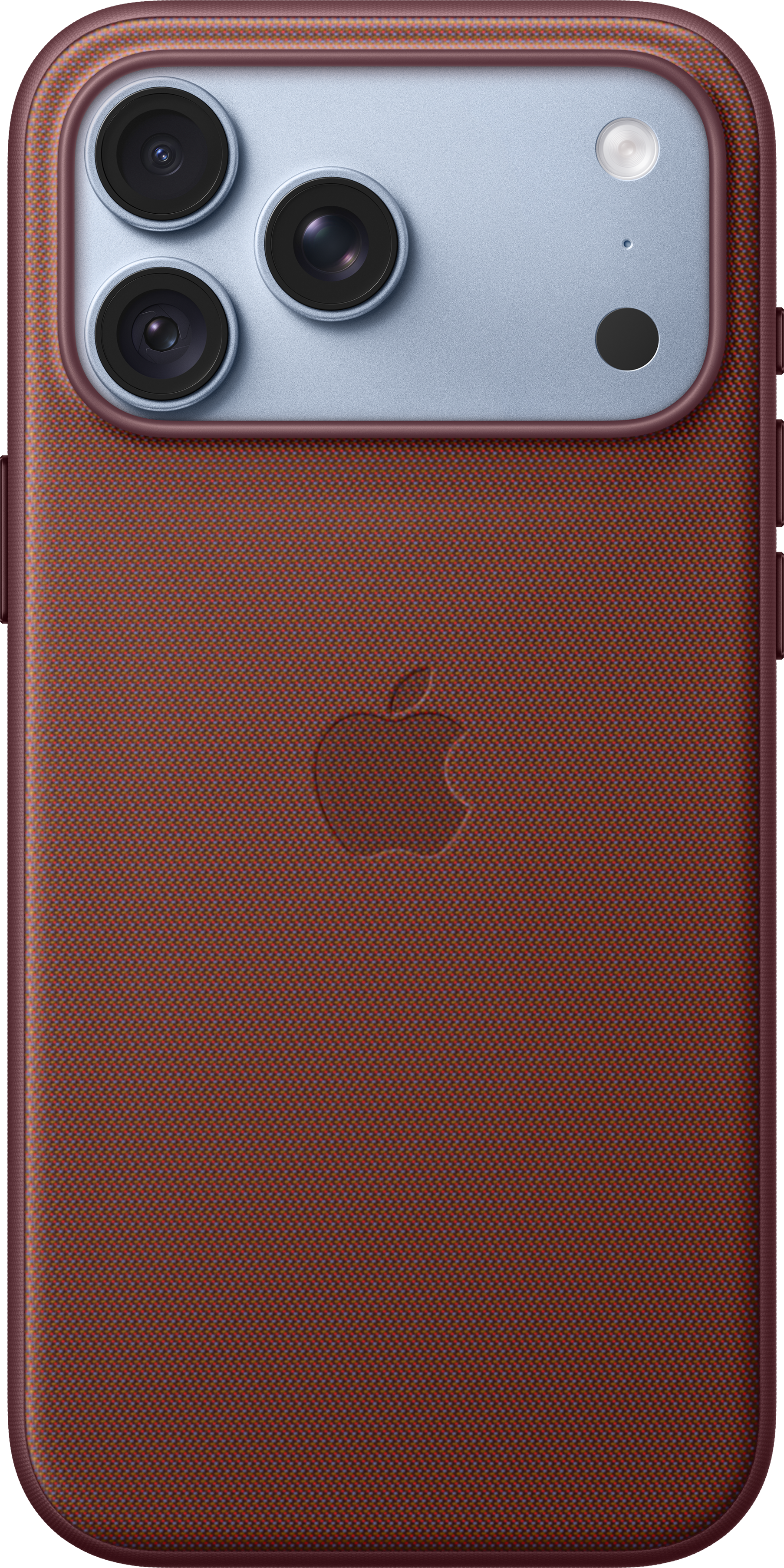 Dos d'un étui de téléphone marron avec appareil photo intégré et logo Apple.