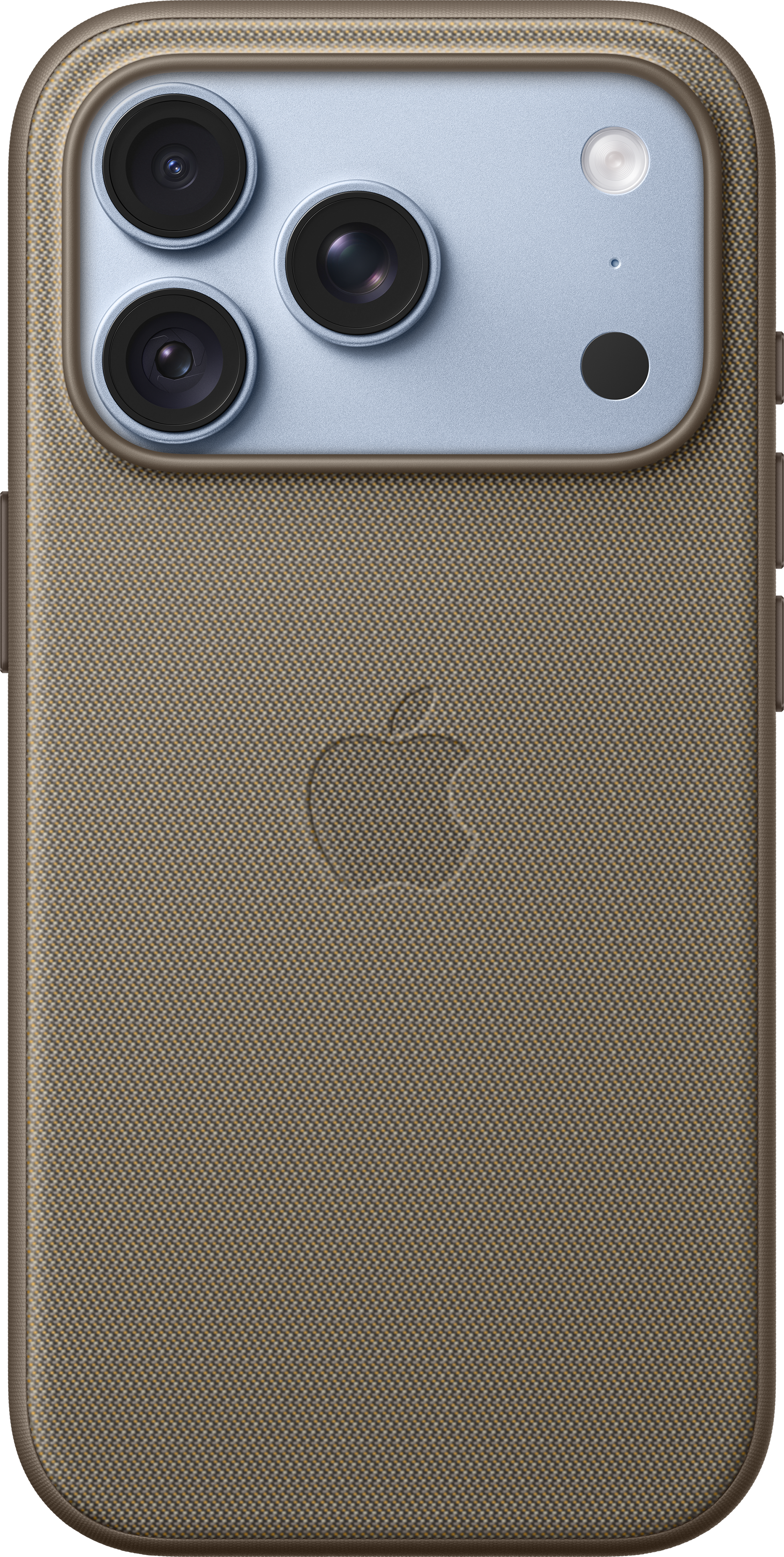 Dos d'un iPhone avec étui en tissu marron, logo Apple et triple caméra.