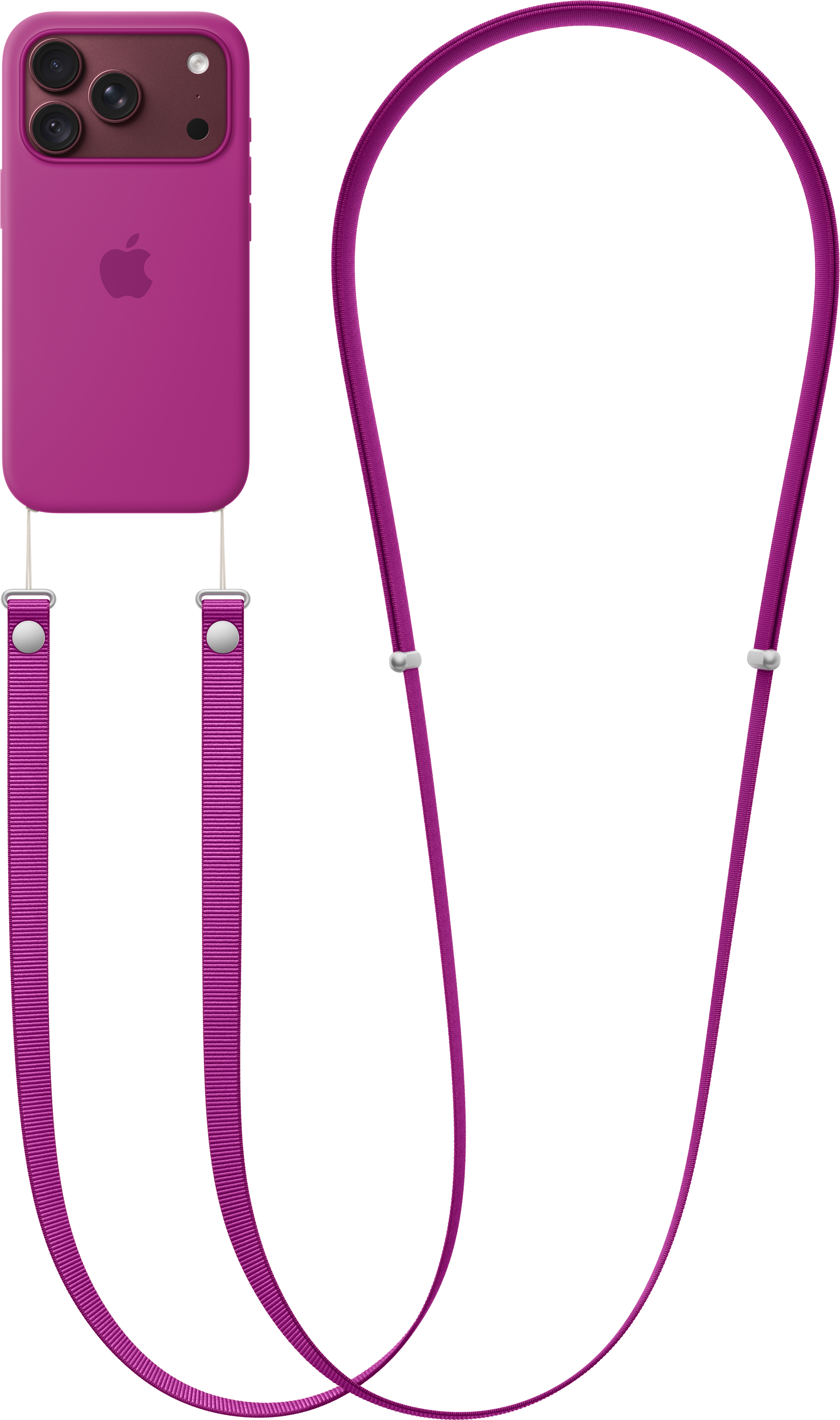 Un iPhone magenta dans une coque assortie avec une longue lanière sur fond noir.