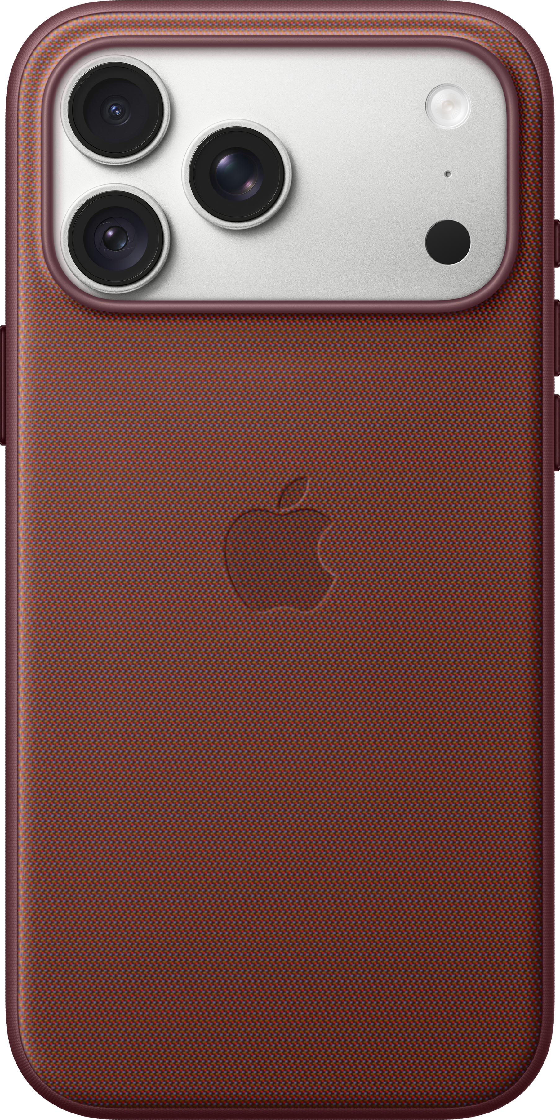 Dos d'une coque d'iPhone en tissu rouge foncé avec logo Apple et emplacement pour trois caméras.