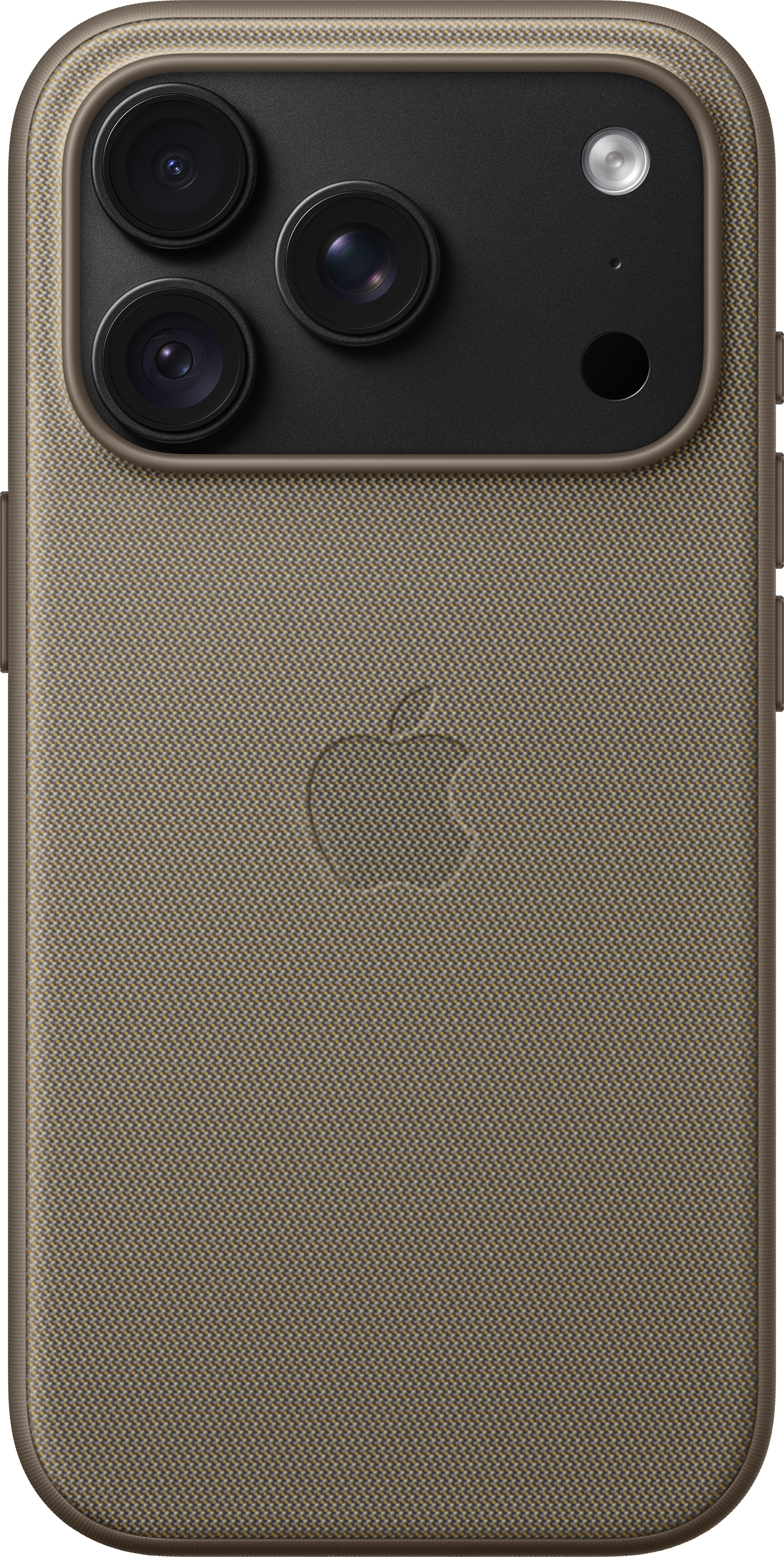 Coque de téléphone tissée marron avec triple capteur photo et logo Apple gravé au dos.