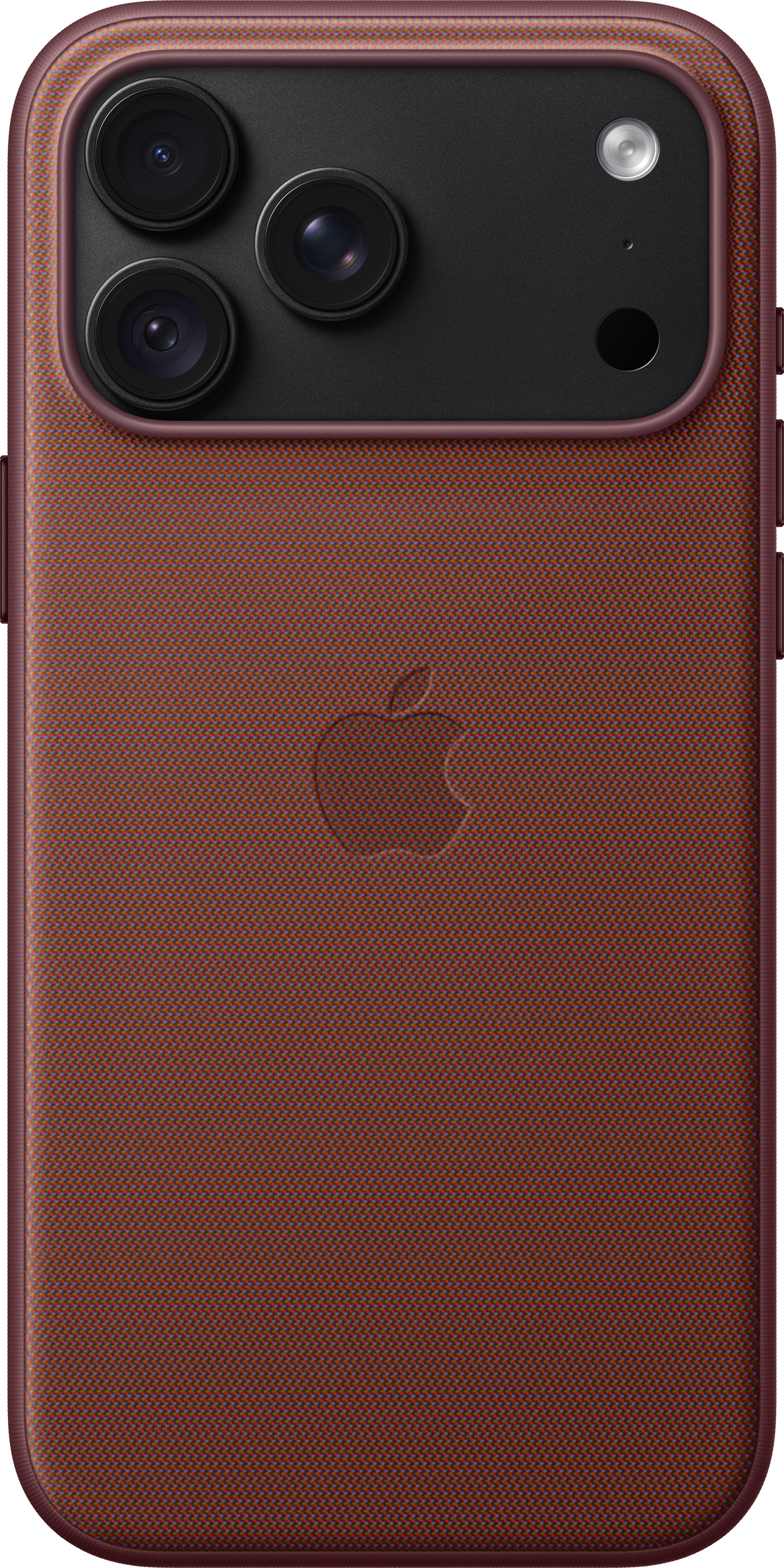 Coque de téléphone tissée marron à l'arrière d'un smartphone avec triple appareil photo et logo Apple.