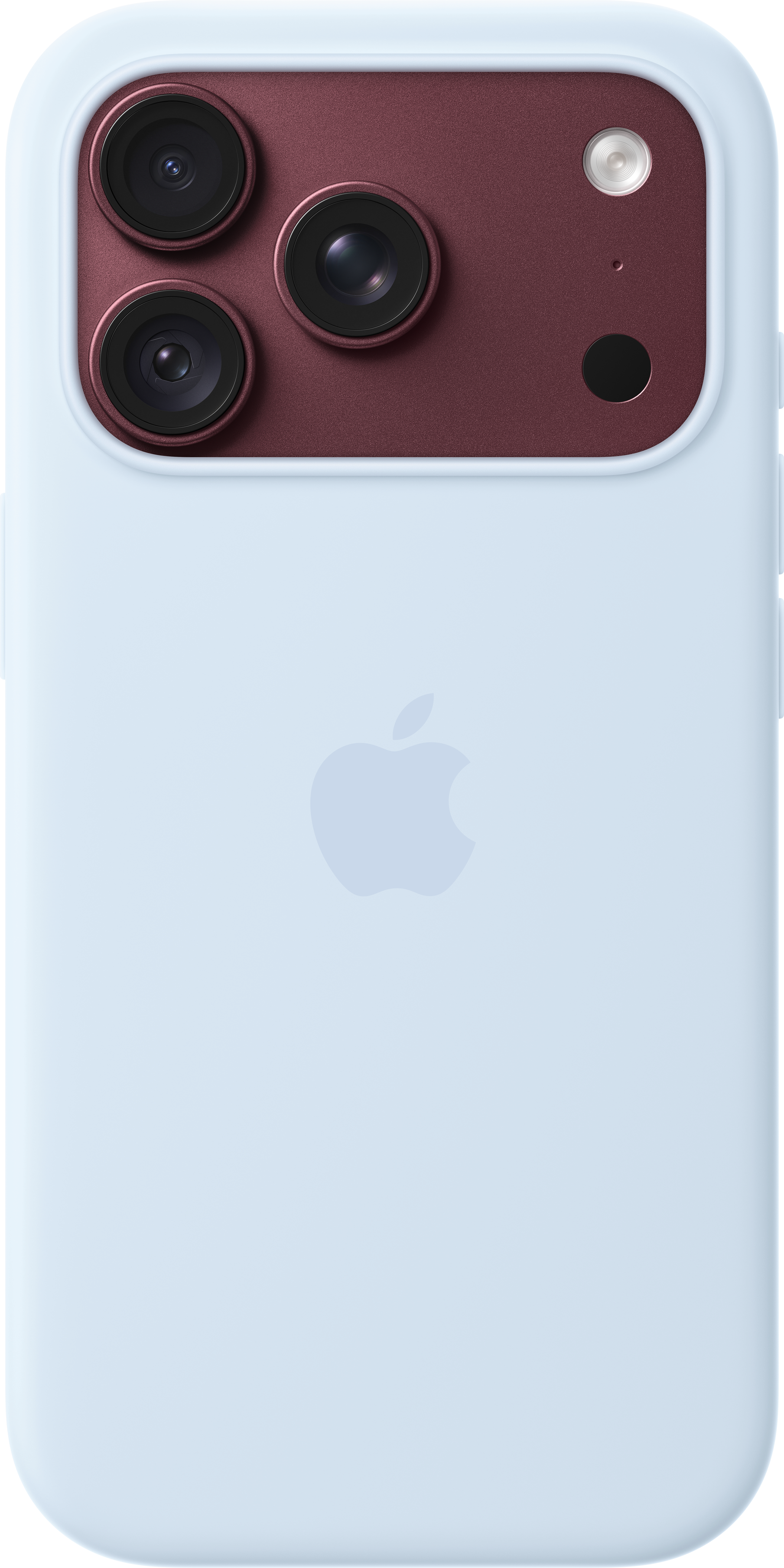 Dos d'un iPhone bleu clair avec triple appareil photo dans un module bordeaux et le logo Apple.
