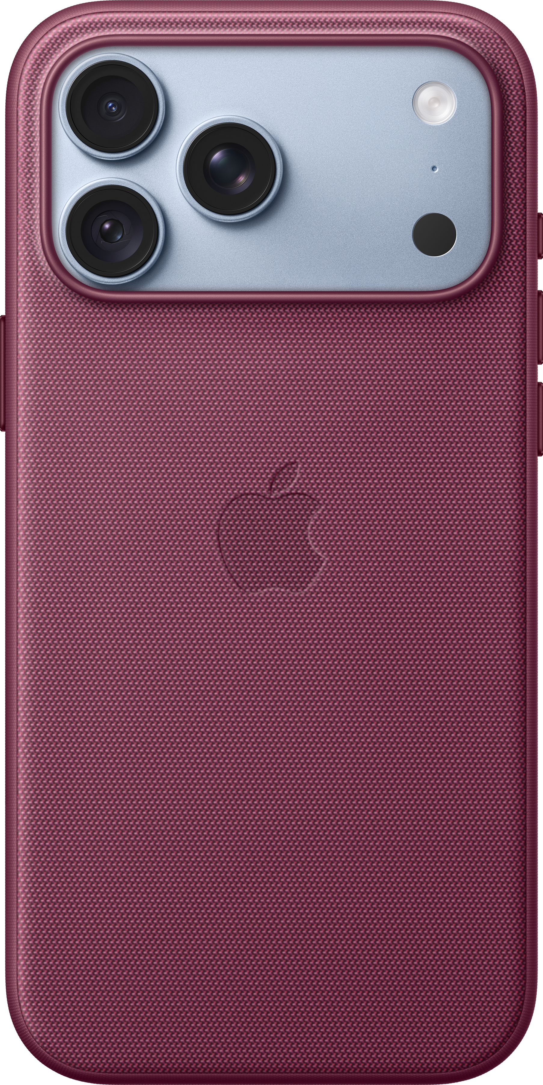 Arrière d'une coque de smartphone rouge avec logo Apple et triple appareil photo.