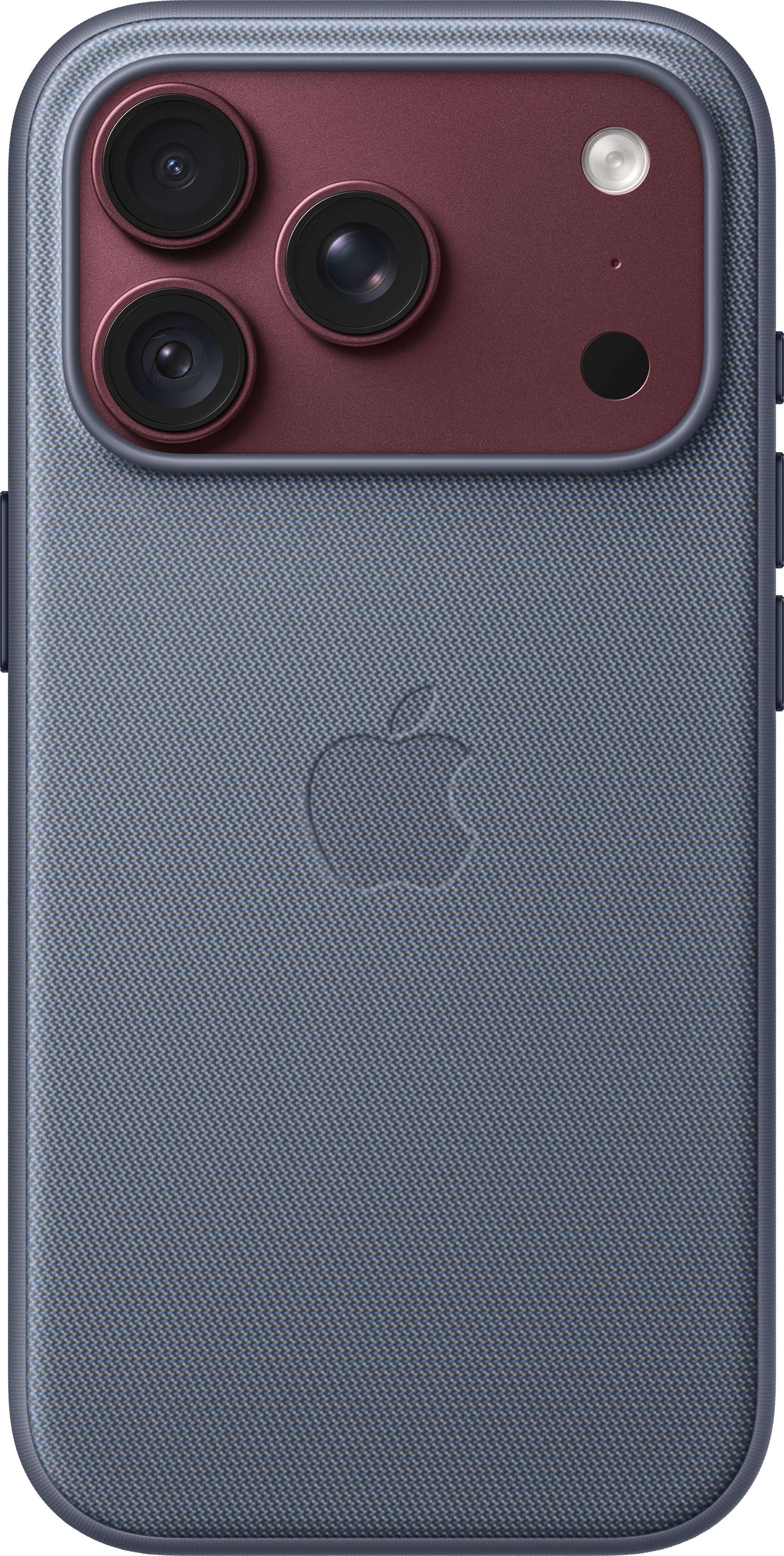 Blaue Smartphone-Rückseite mit strukturiertem Stoff, rotem Kameramodul, drei Linsen und geprägtem Apple-Logo.