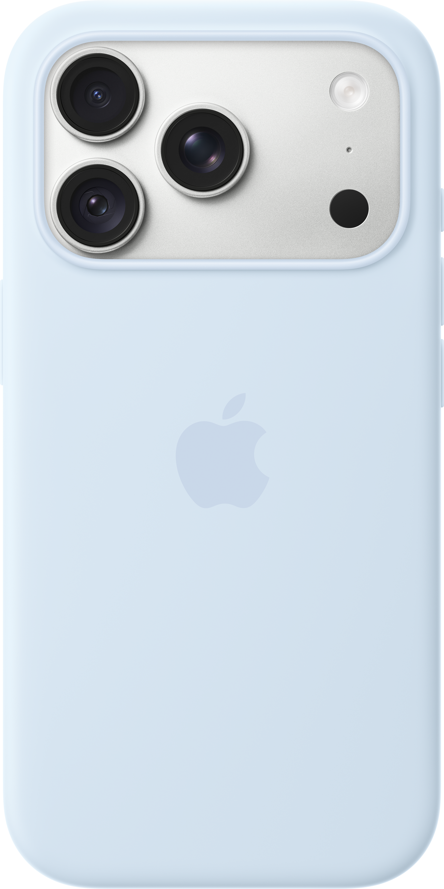 Dos d'une coque de smartphone bleu clair avec un triple appareil photo et le logo Apple.