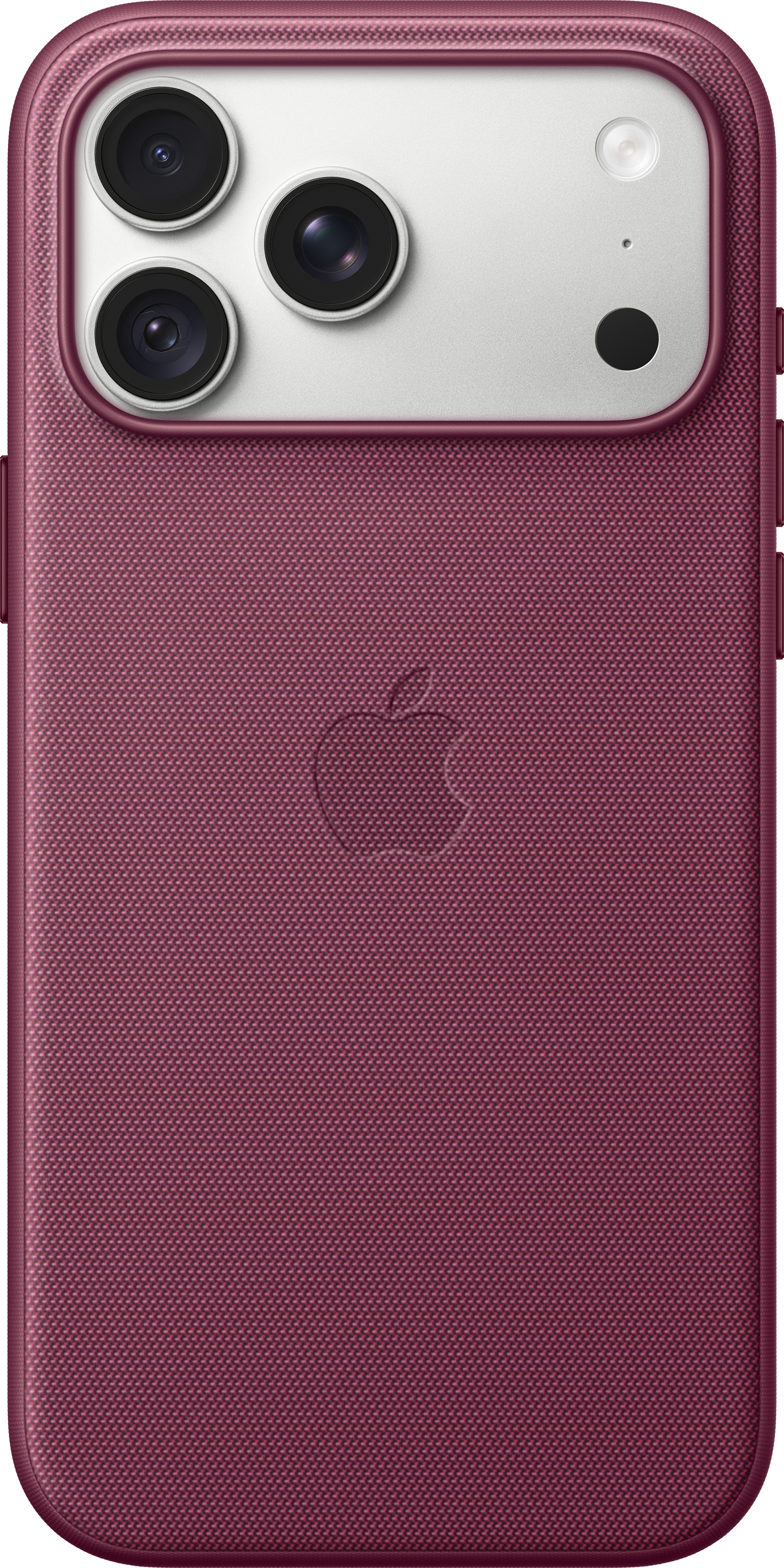 Arrière d'une coque de smartphone rose avec un logo Apple et un module photo argenté à trois objectifs.