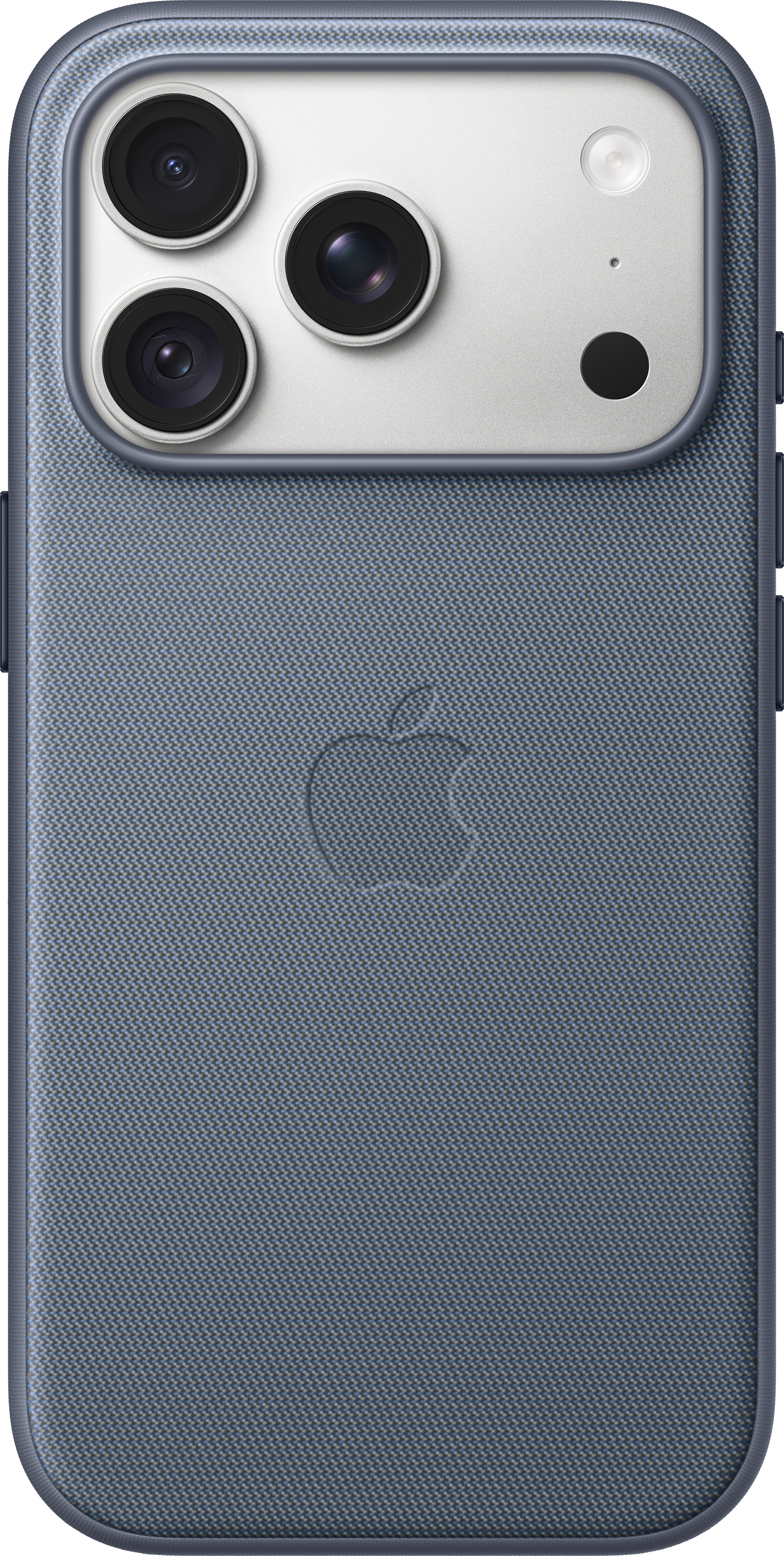 Blaue Smartphone-Rückseite mit strukturiertem Stoff, Apple-Logo und dreifacher Kamera.