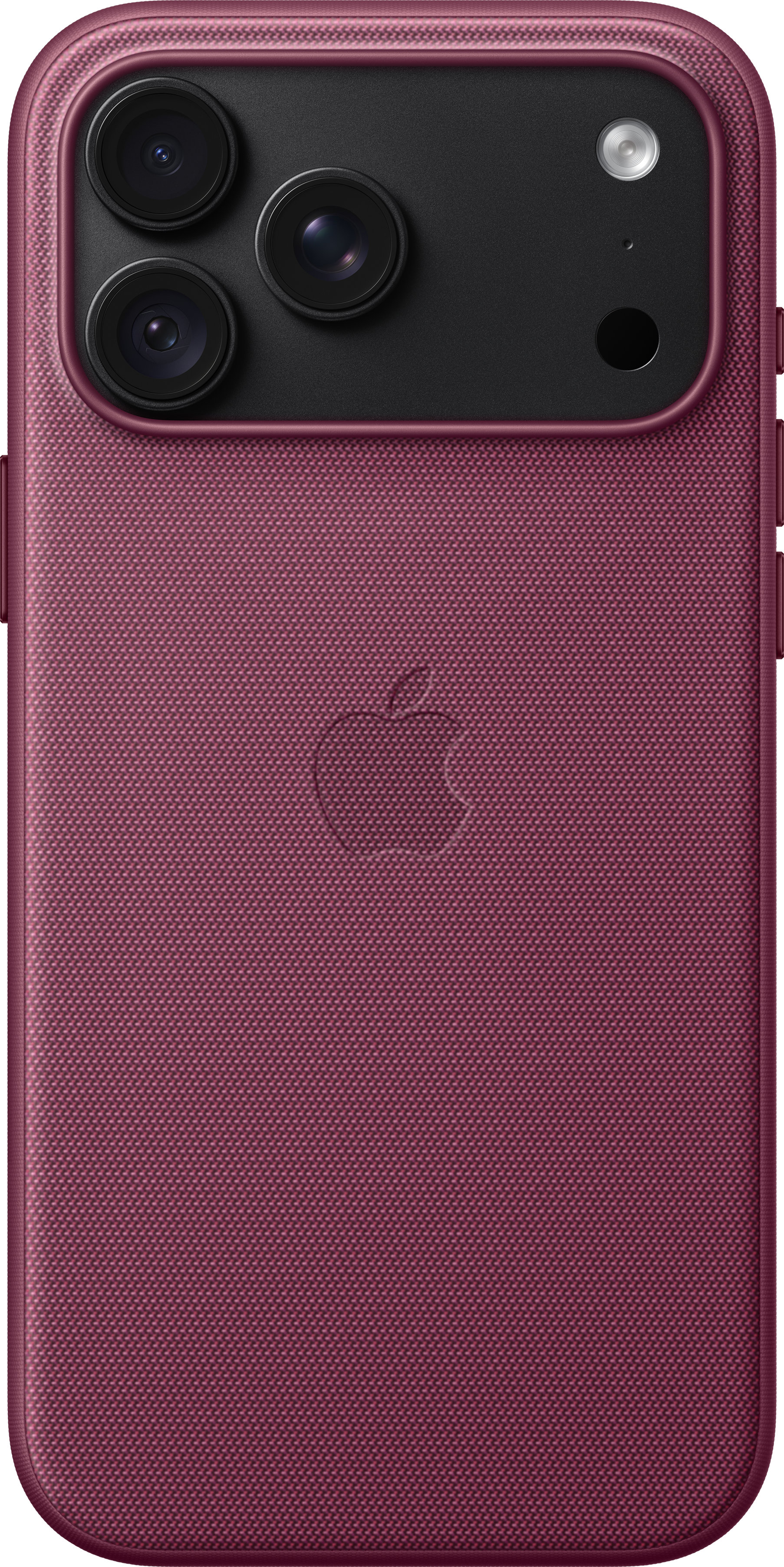 Dos d'une coque de smartphone rose avec le logo Apple en relief et un triple appareil photo.