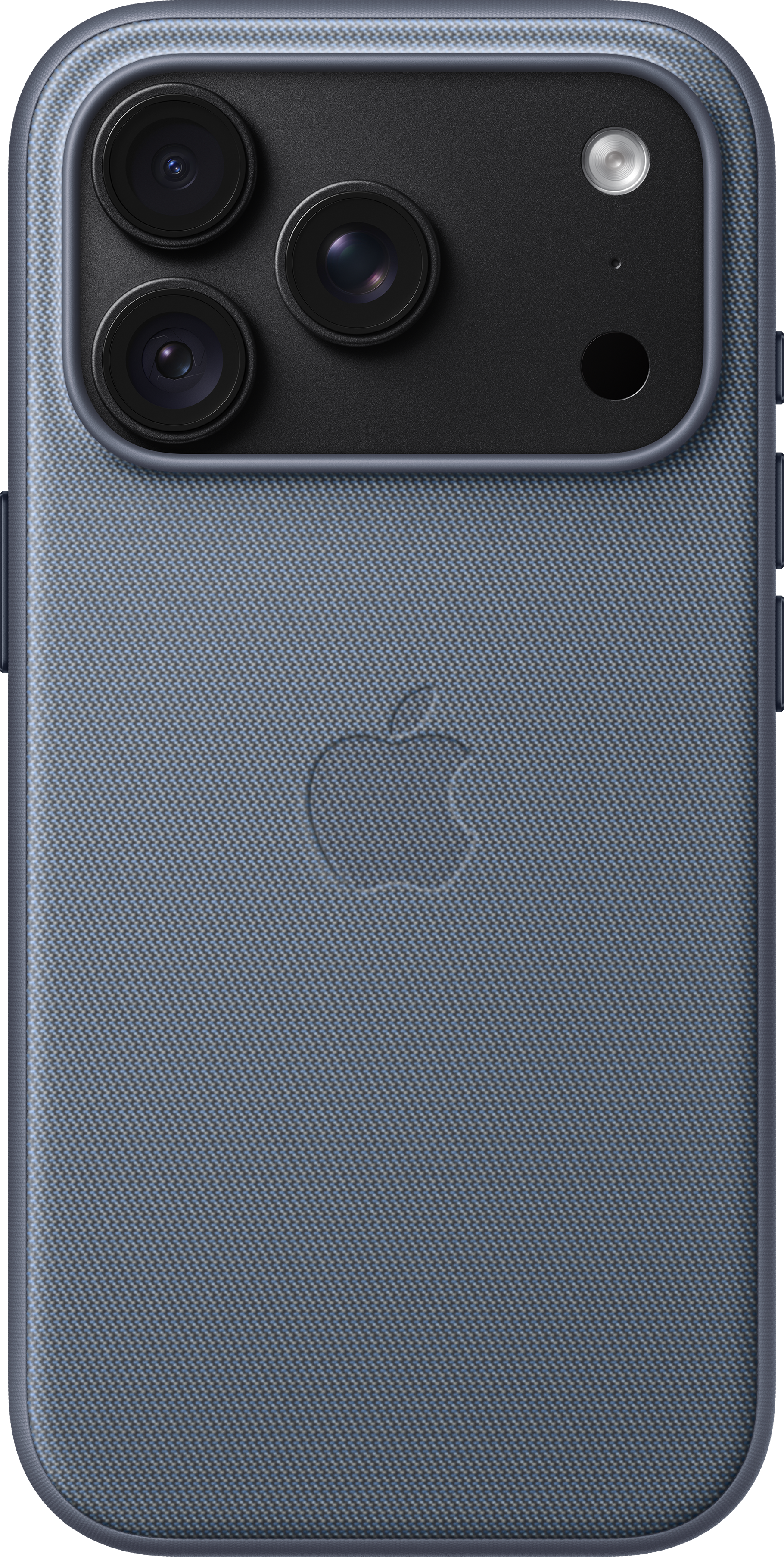Blaue iPhone-Hülle mit strukturiertem Stoff, drei Kameras oben und Apple-Logo.
