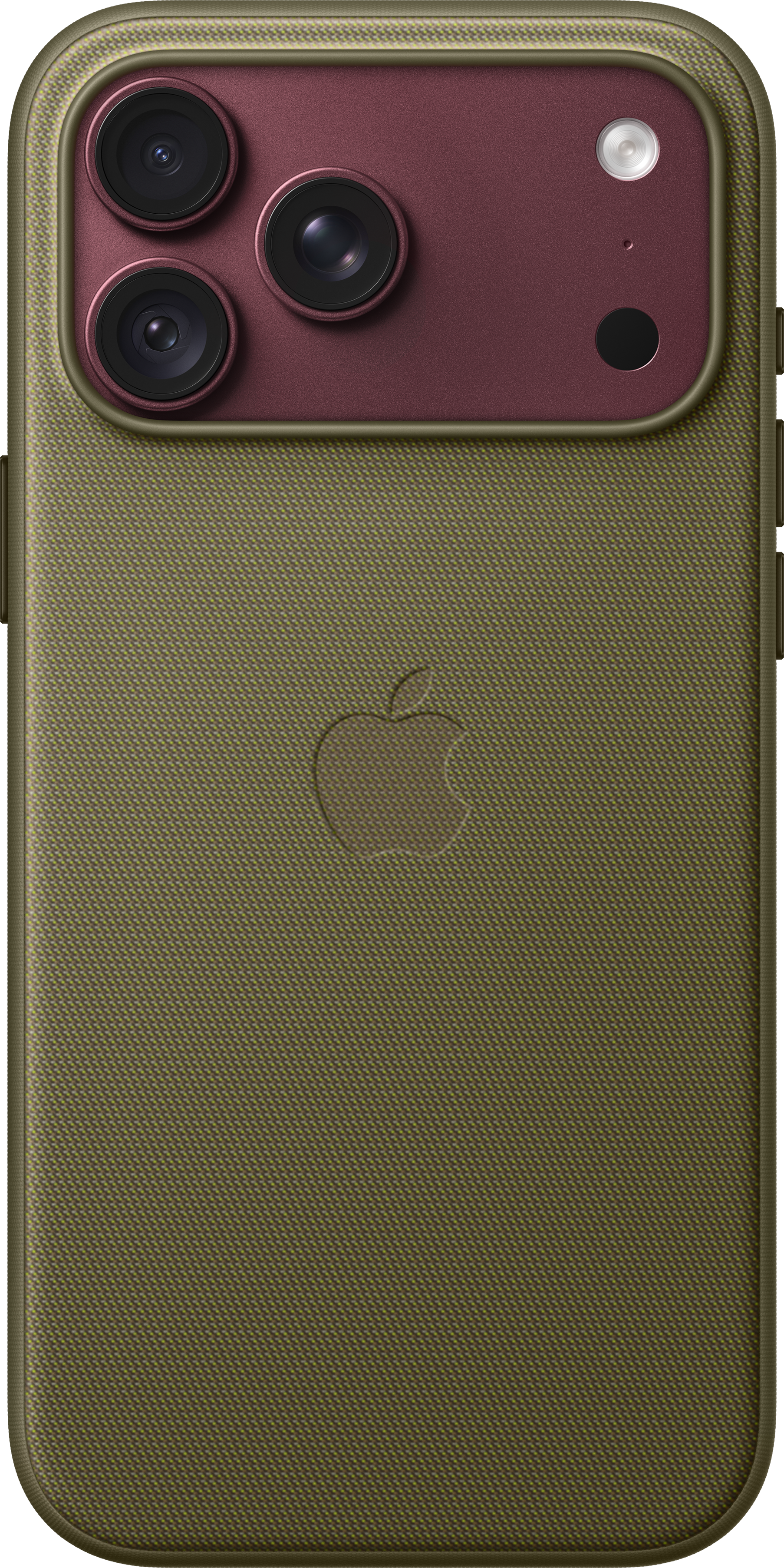Dos de smartphone vert olive avec un logo Apple et trois caméras dans un module rouge foncé.
