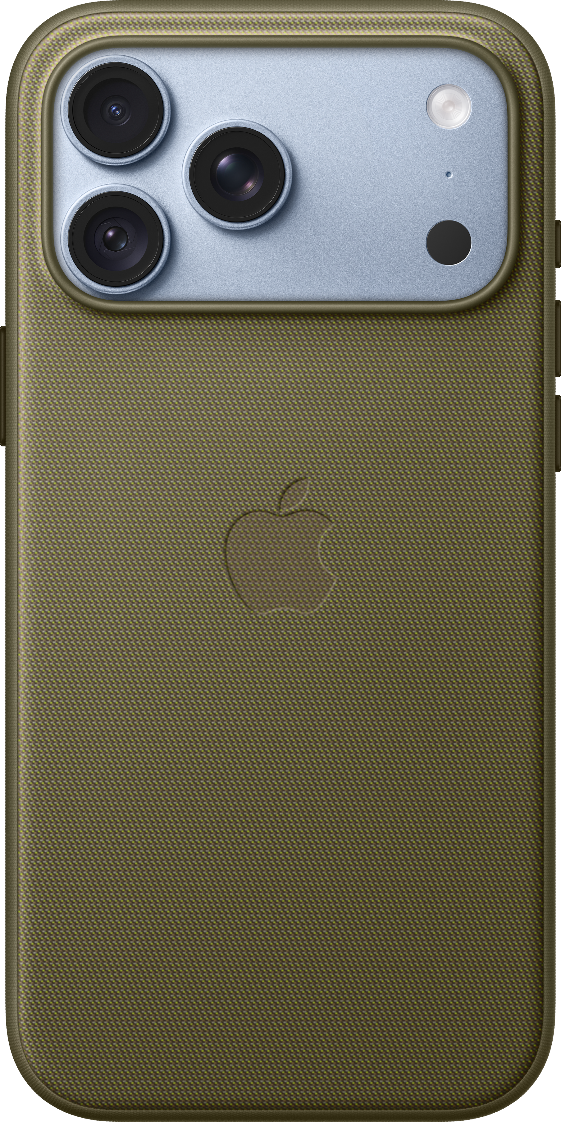 Coque d'iPhone en tissu texturé vert avec logo Apple et trois caméras sur un module argenté.