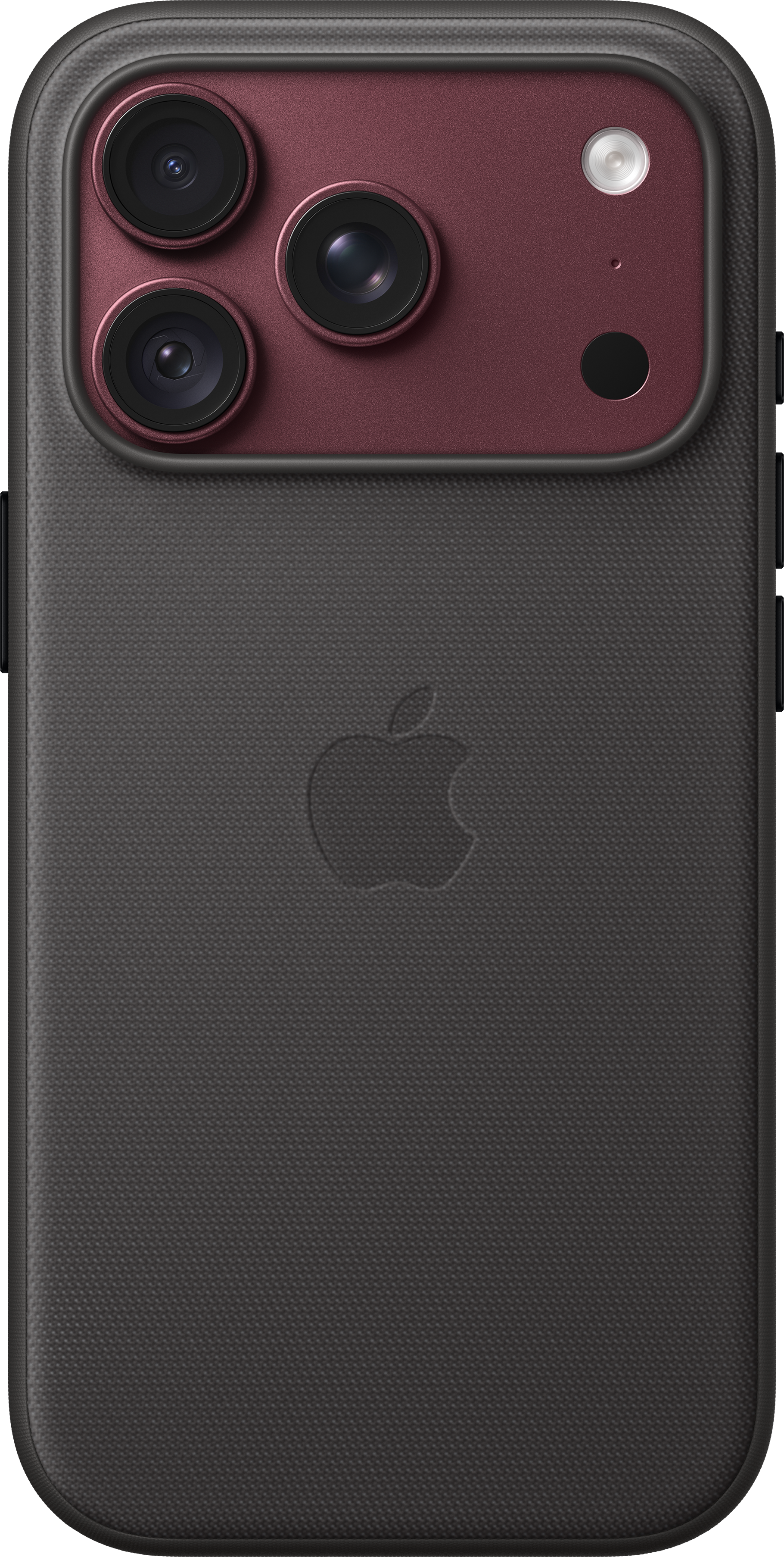 Coque de smartphone gris foncé avec module photo rouge, trois objectifs, flash et logo Apple gravé au dos.