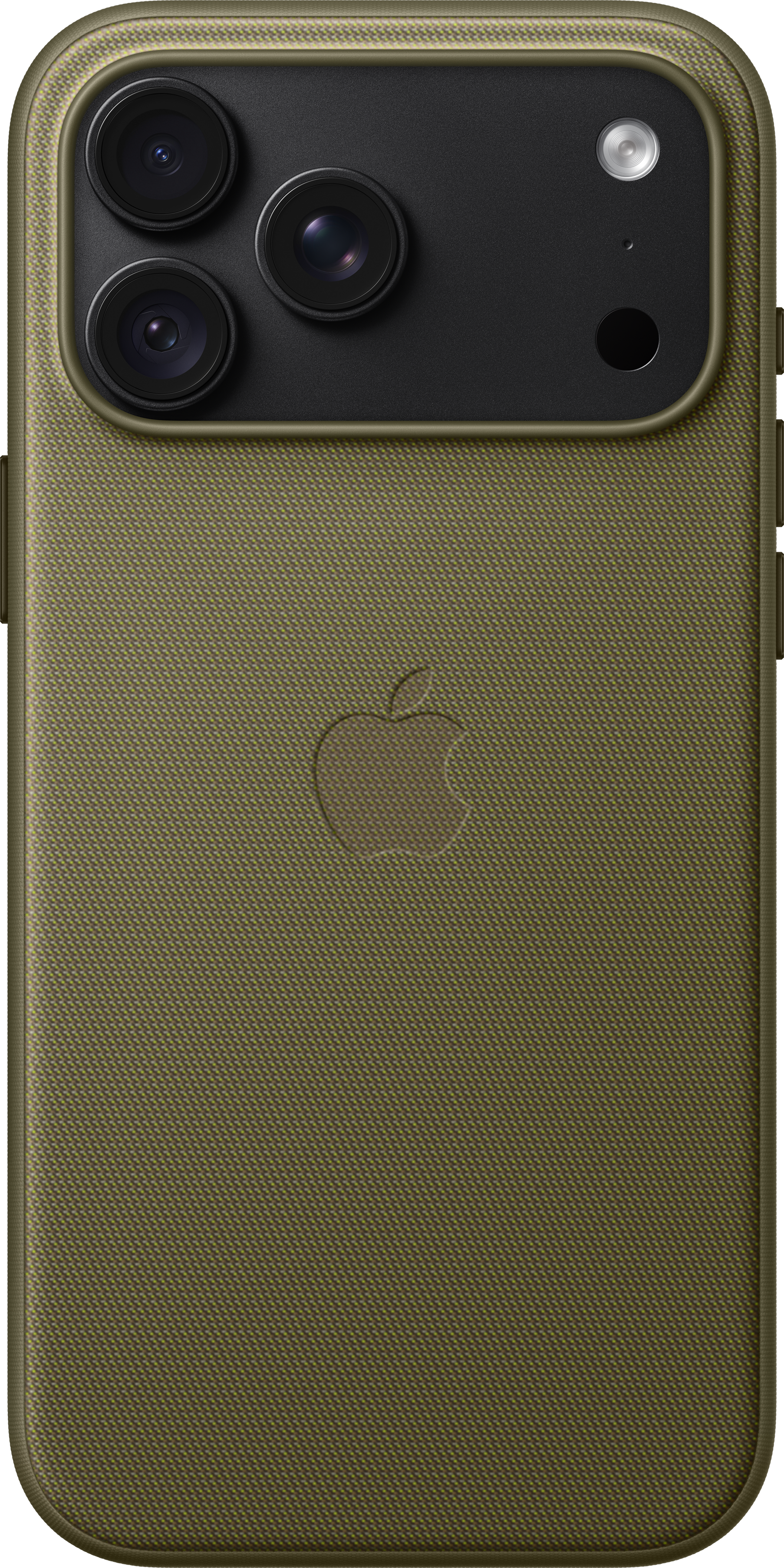 Dos d'un étui de smartphone tissé vert olive avec module photo noir et logo Apple.