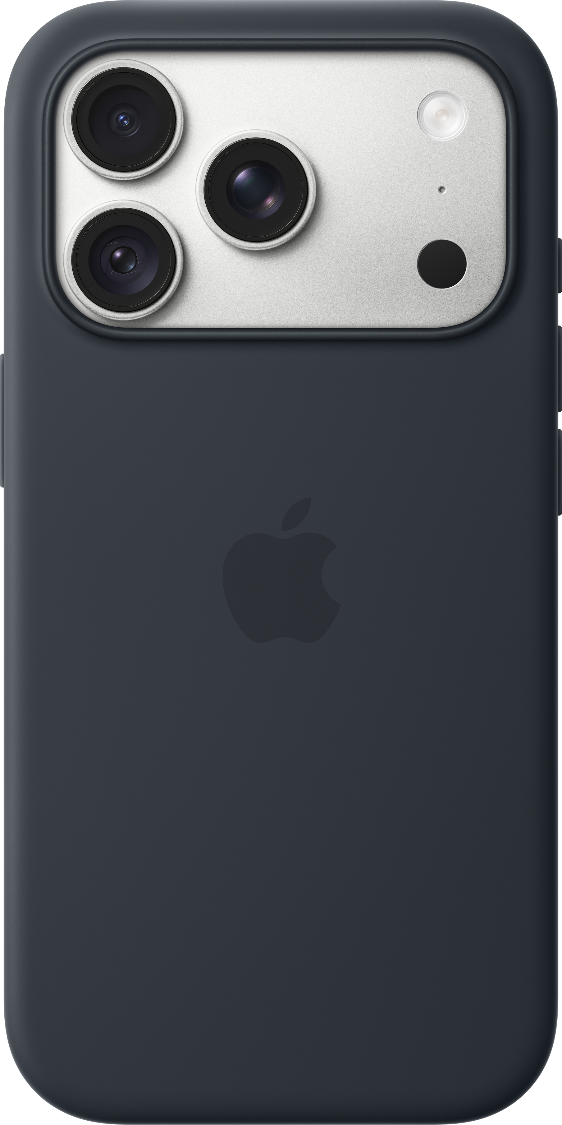 Dos d'un iPhone gris foncé dans une coque, montrant trois objectifs et un logo Apple.
