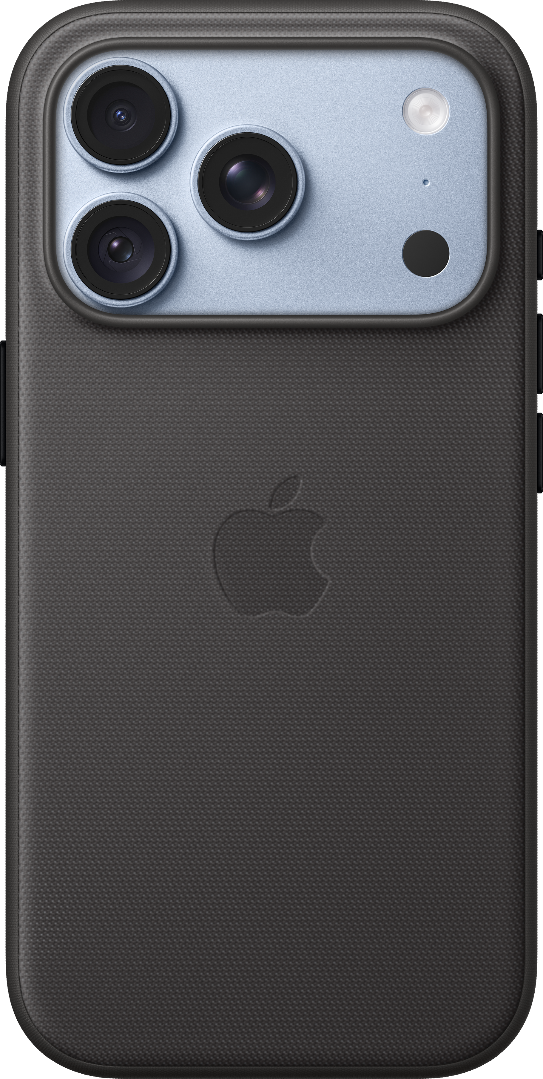 Coque de téléphone gris foncé avec un bloc photo bleu clair à trois objectifs et le logo Apple.
