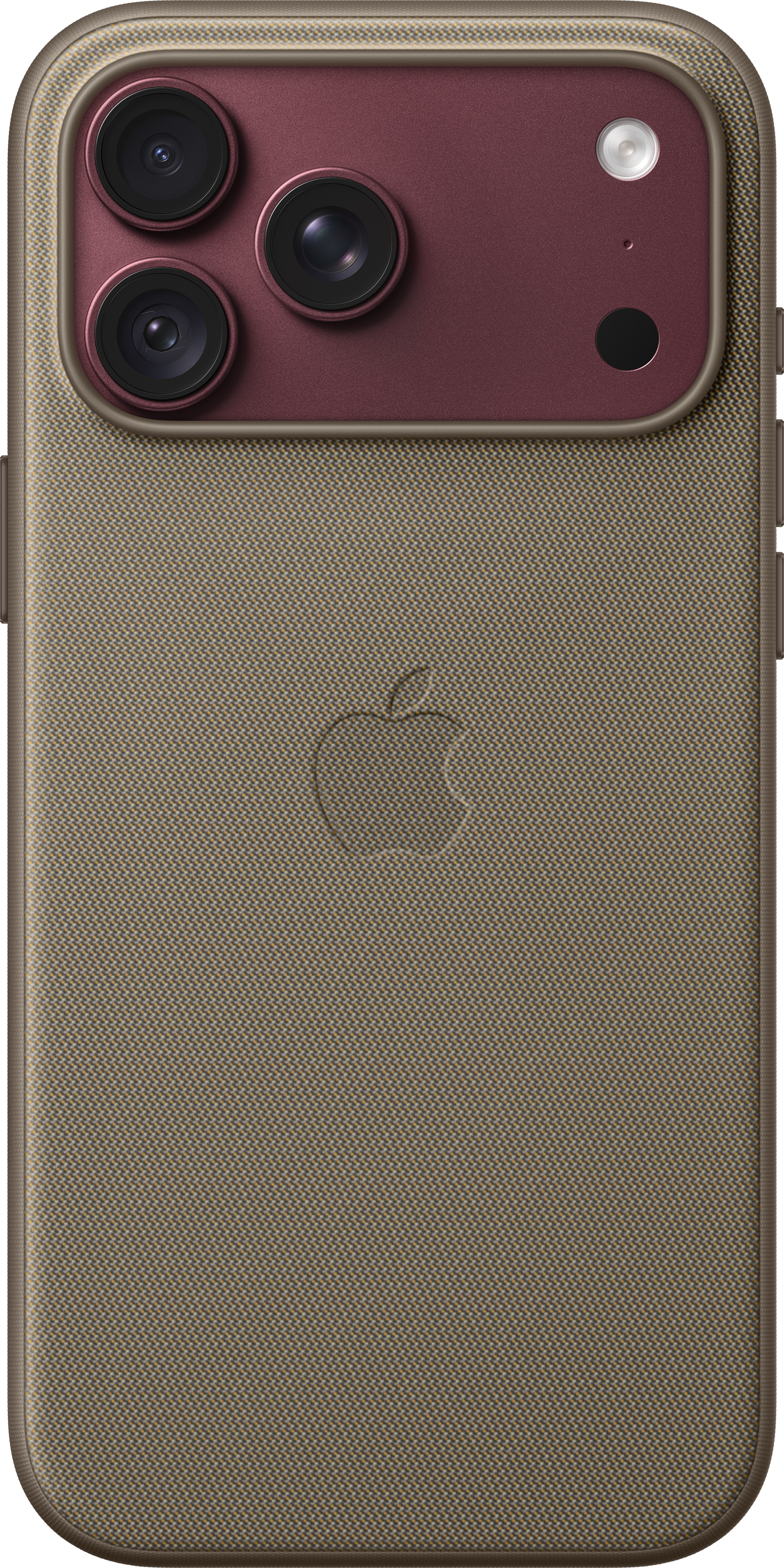 Dos d'un smartphone en tissu vert olive avec un module photo rouge, trois objectifs et le logo Apple en relief.