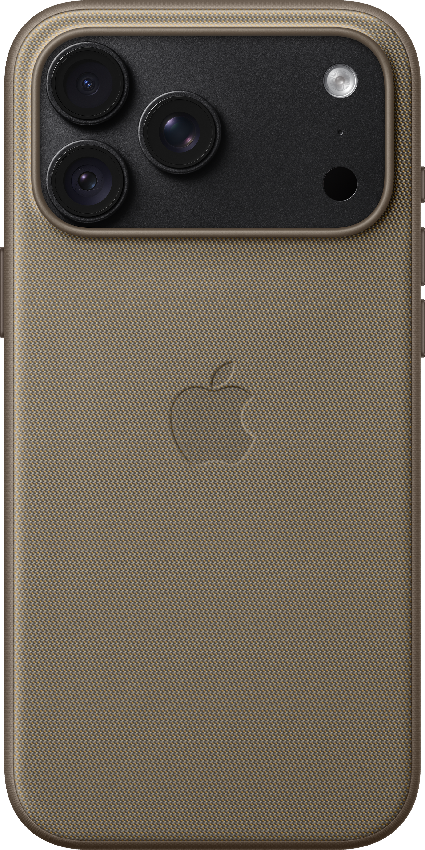 Dos d'un smartphone dans une coque en tissu marron avec trois objectifs et un logo Apple.