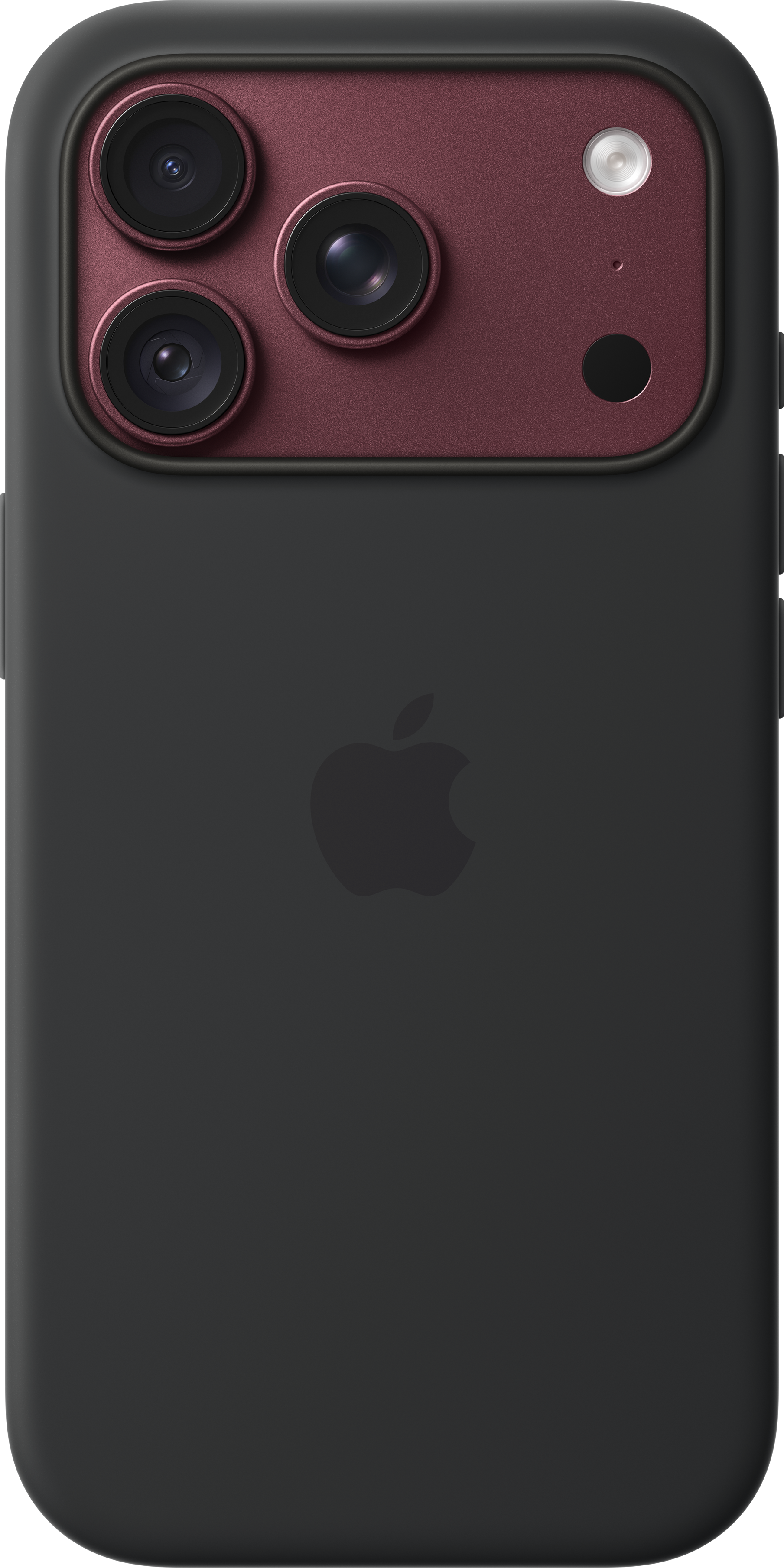 Dos de smartphone noir avec un îlot de caméra rouge foncé, trois objectifs, un flash et le logo Apple.