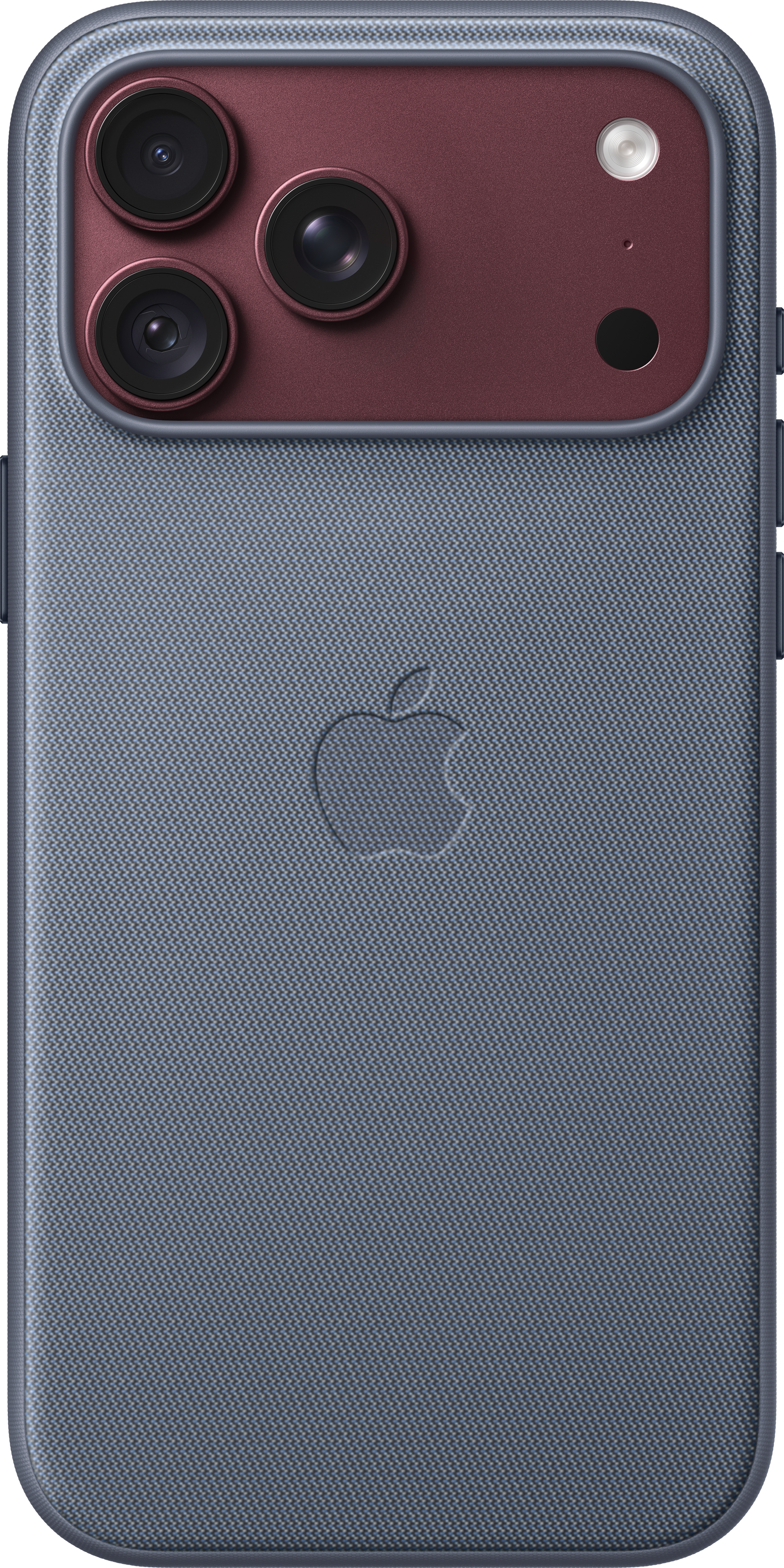Dos d'un smartphone bleu avec coque en tissu texturé, trois appareils photo dans un module rouge et logo Apple.