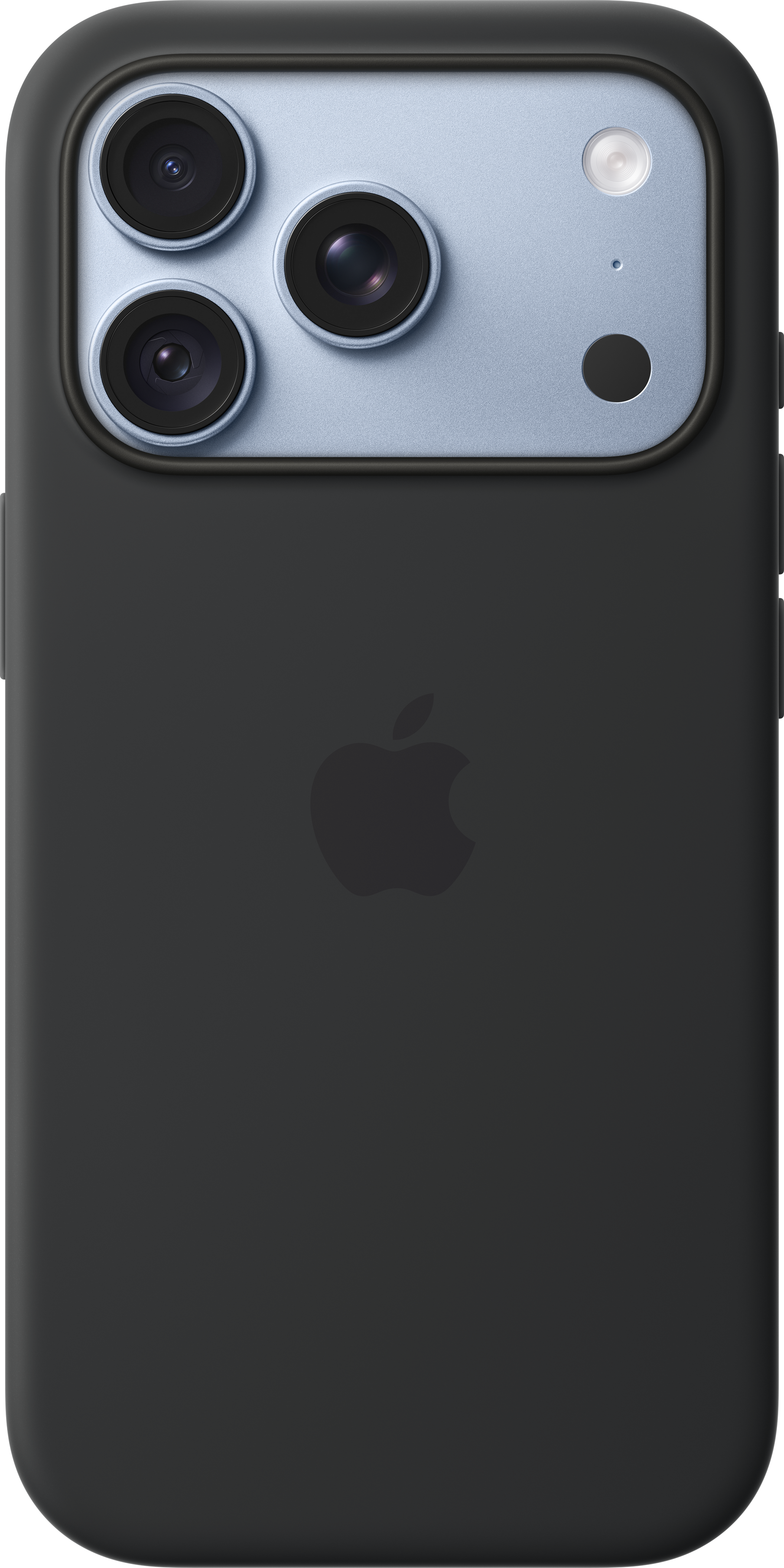Dos d'un iPhone noir avec une coque de protection noire et un module triple caméra.