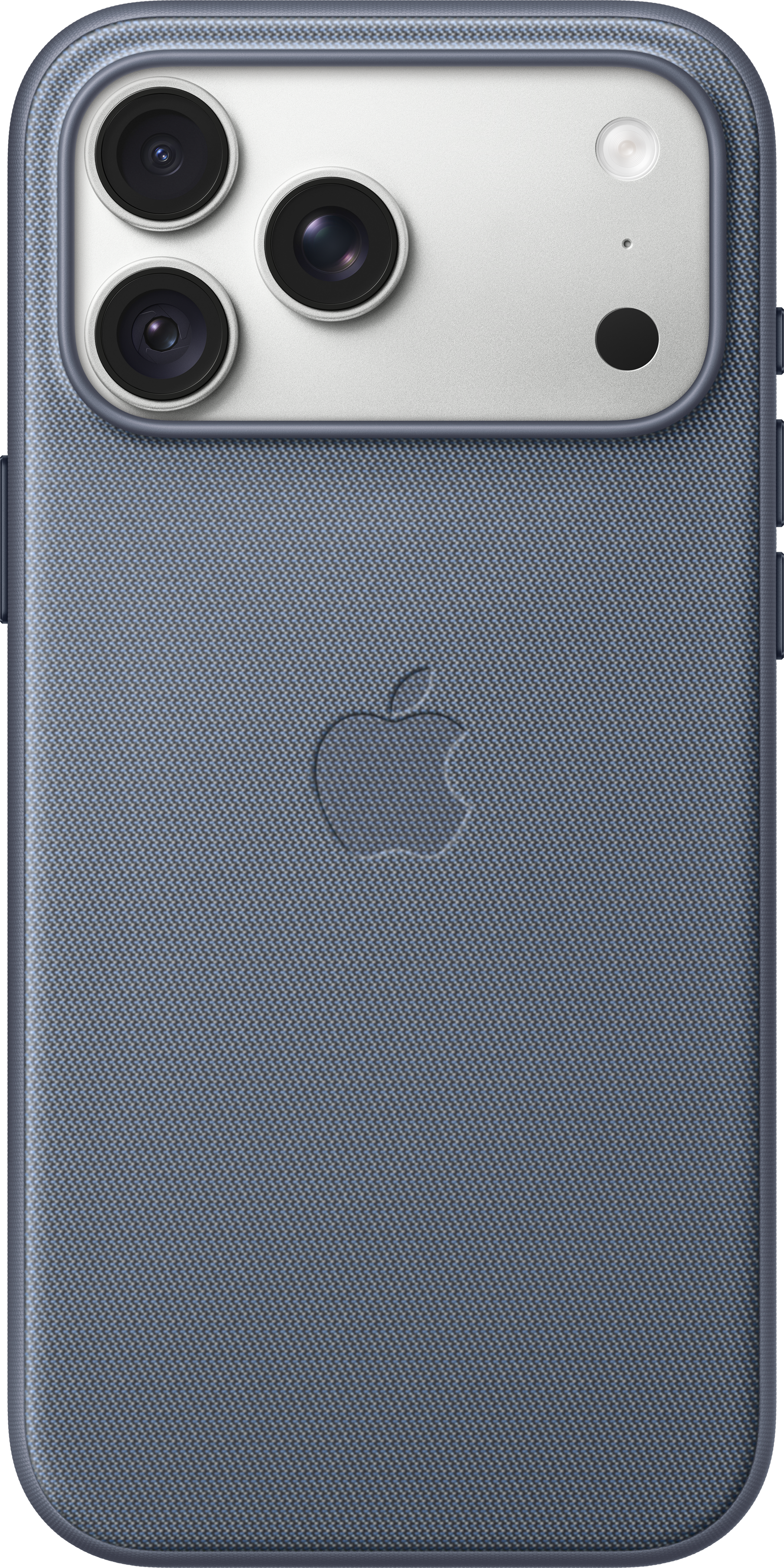Dos d'une coque bleue avec logo Apple et triple appareil photo.