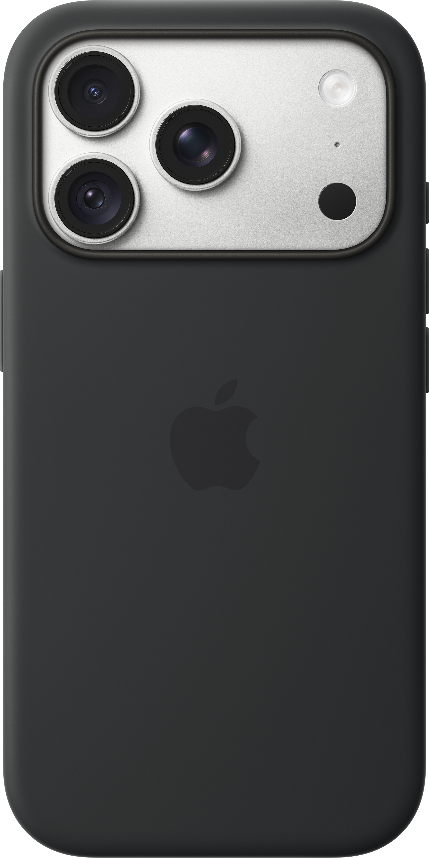 Dos d'un iPhone noir avec un module triple caméra sur une plaque argentée et le logo Apple.