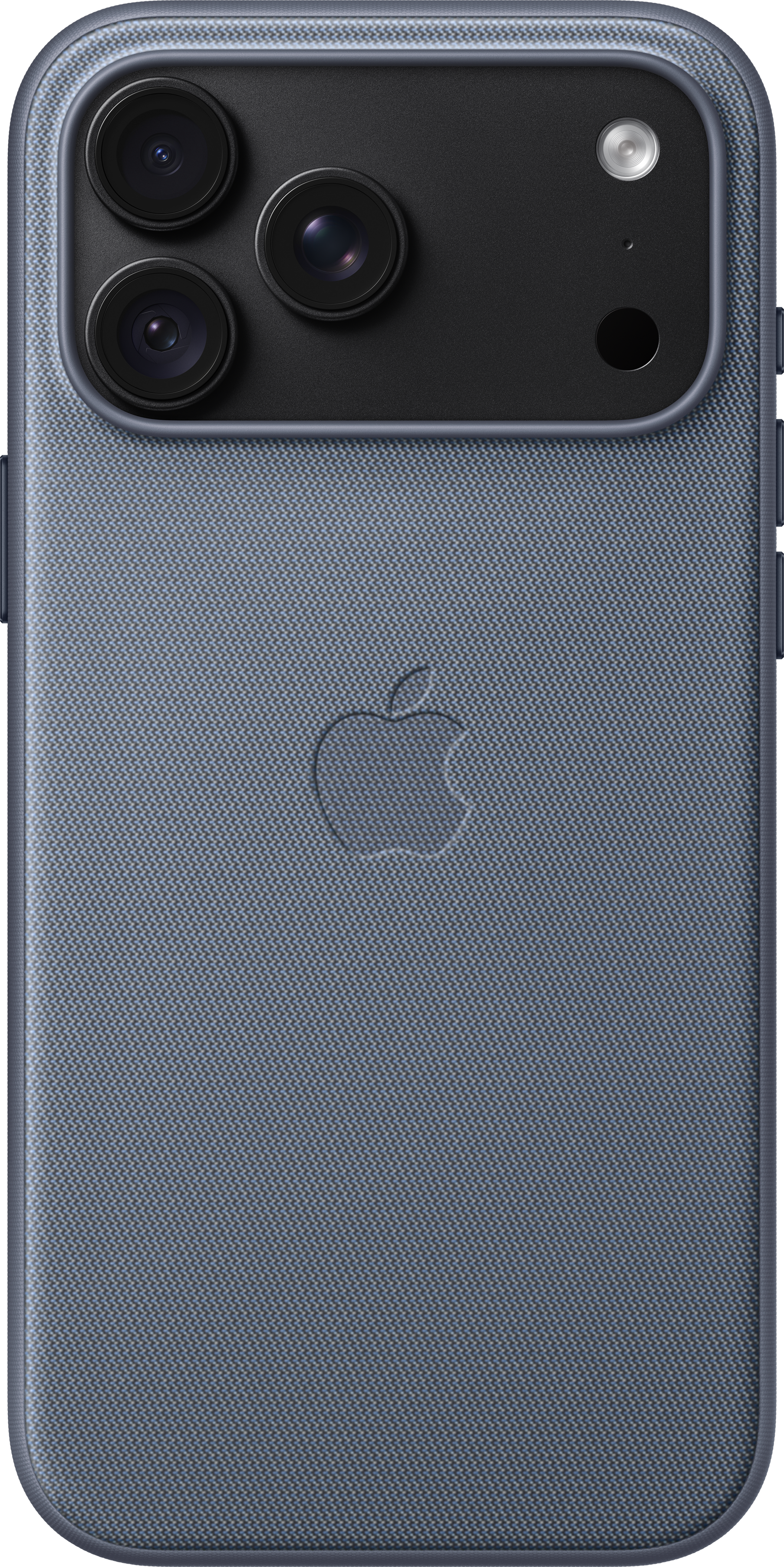 L'arrière d'une coque d'iPhone grise FineWoven avec trois objectifs photo et le logo Apple.