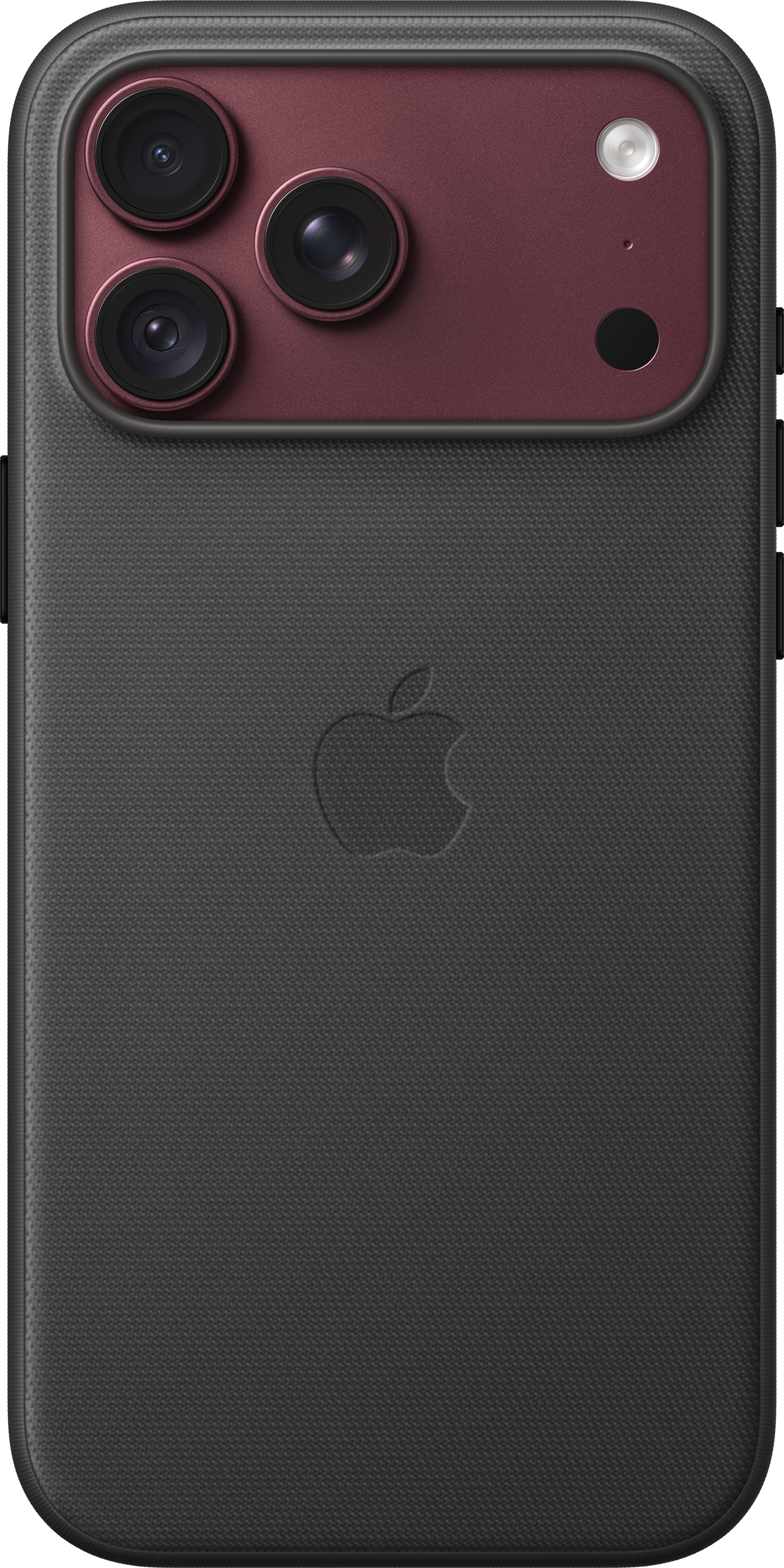 Dos d'une coque de téléphone grise avec un logo Apple gravé et un module triple caméra rouge.