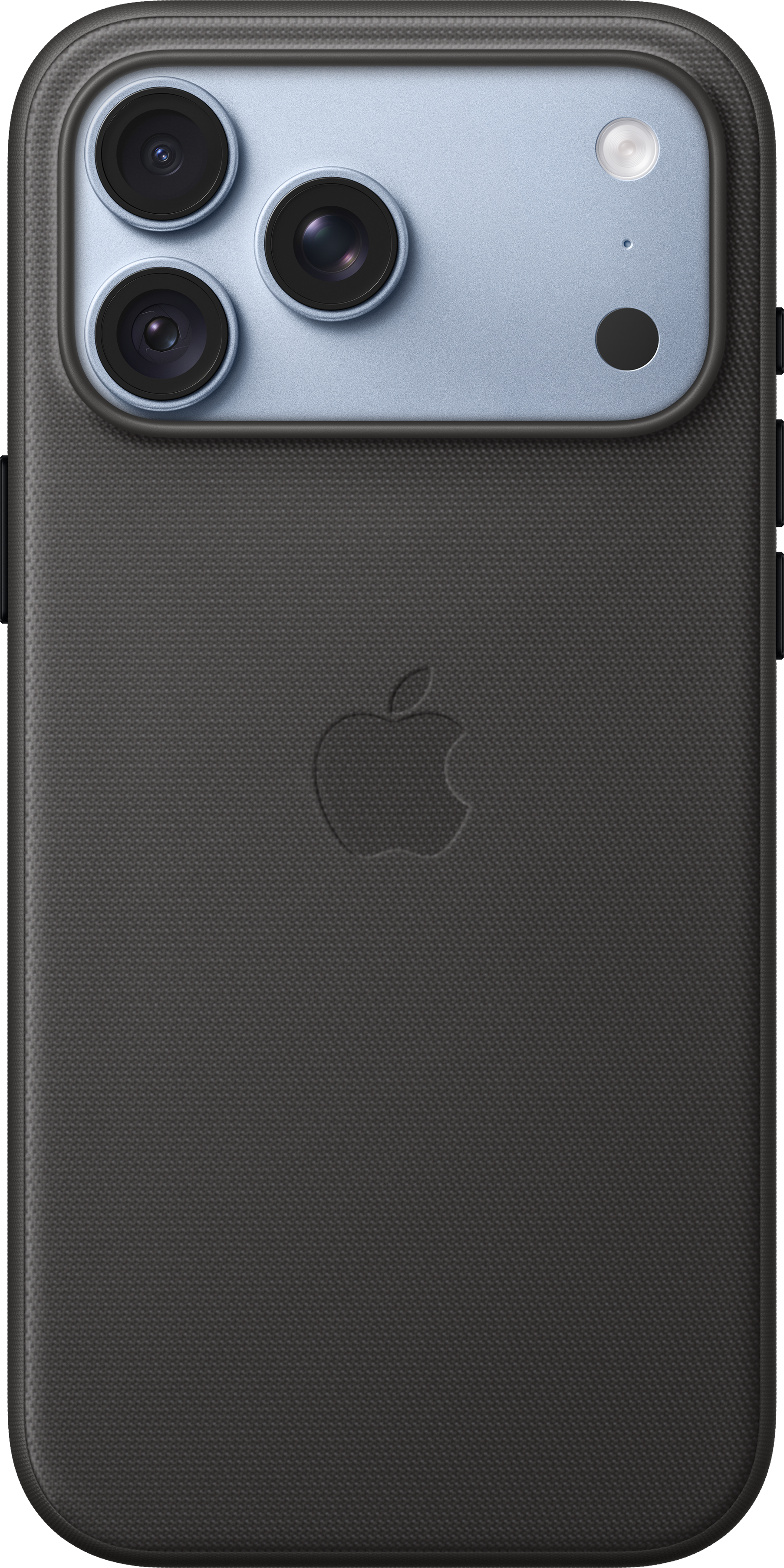 Coque de smartphone texturée gris foncé avec logo Apple et module photo bleu clair à trois objectifs.
