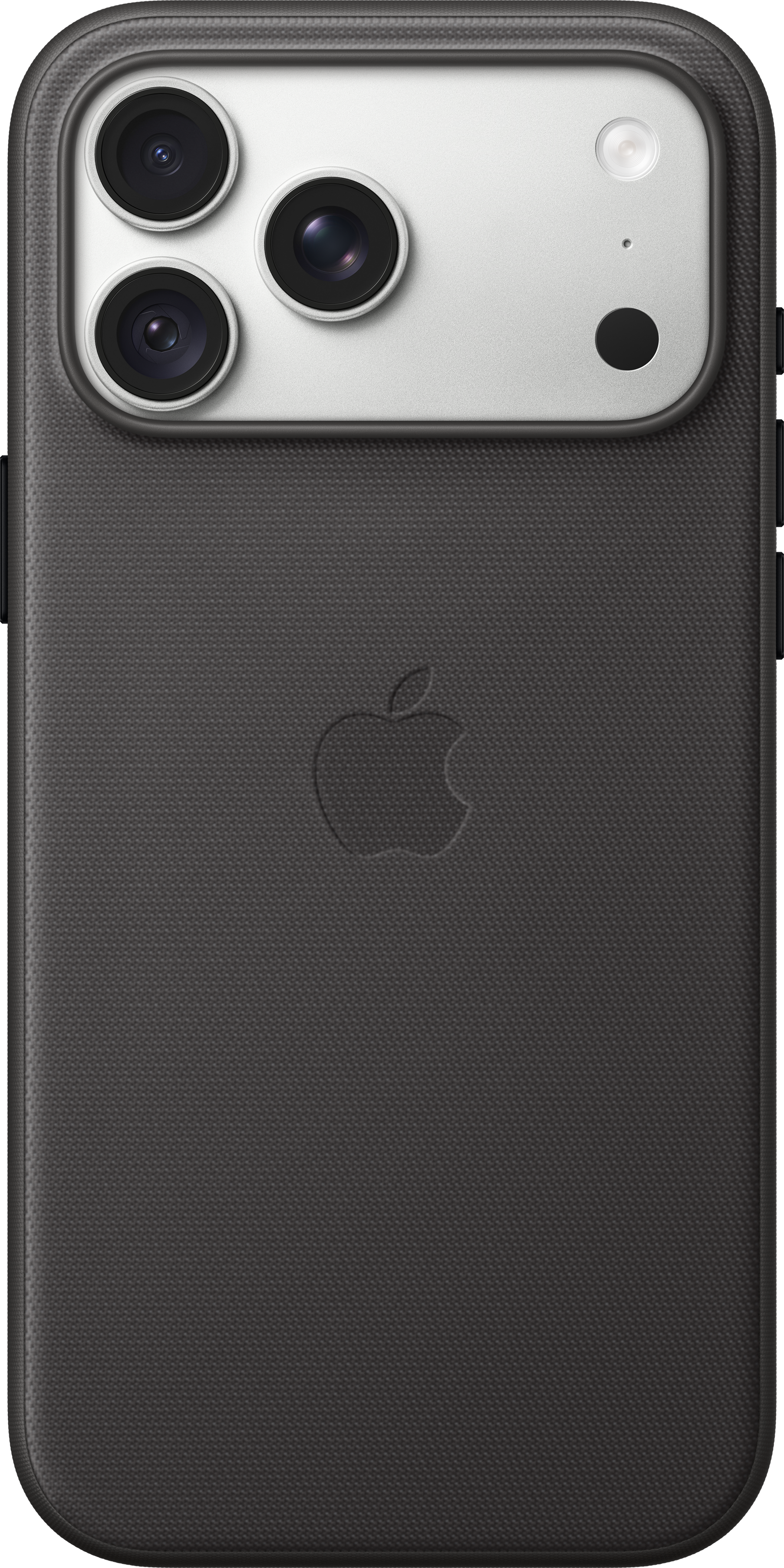 Dos de smartphone gris foncé avec logo Apple et triple appareil photo dans un module argenté.
