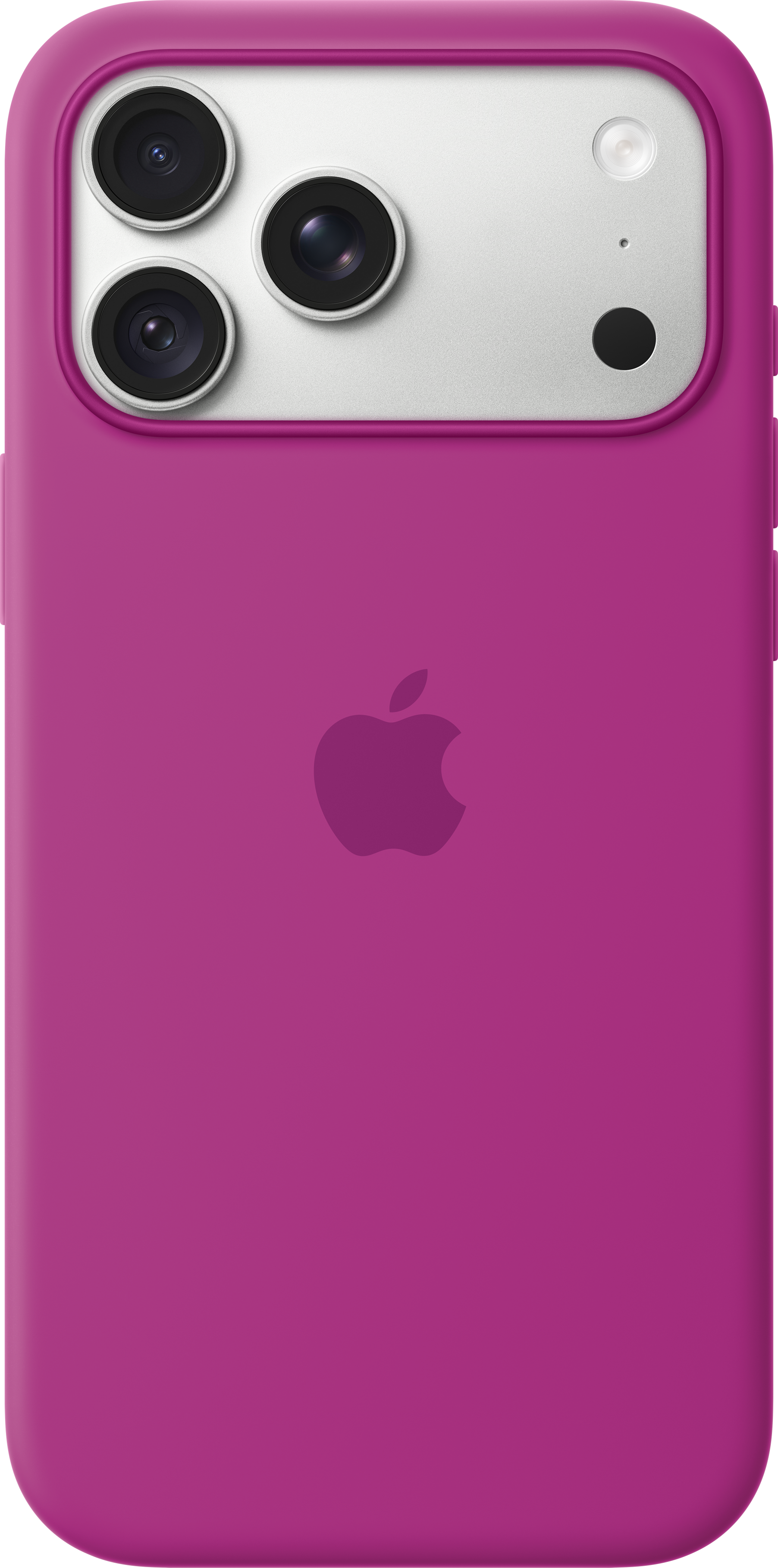 Dos d'un iPhone rose dans une coque de protection avec trois caméras et un logo Apple.