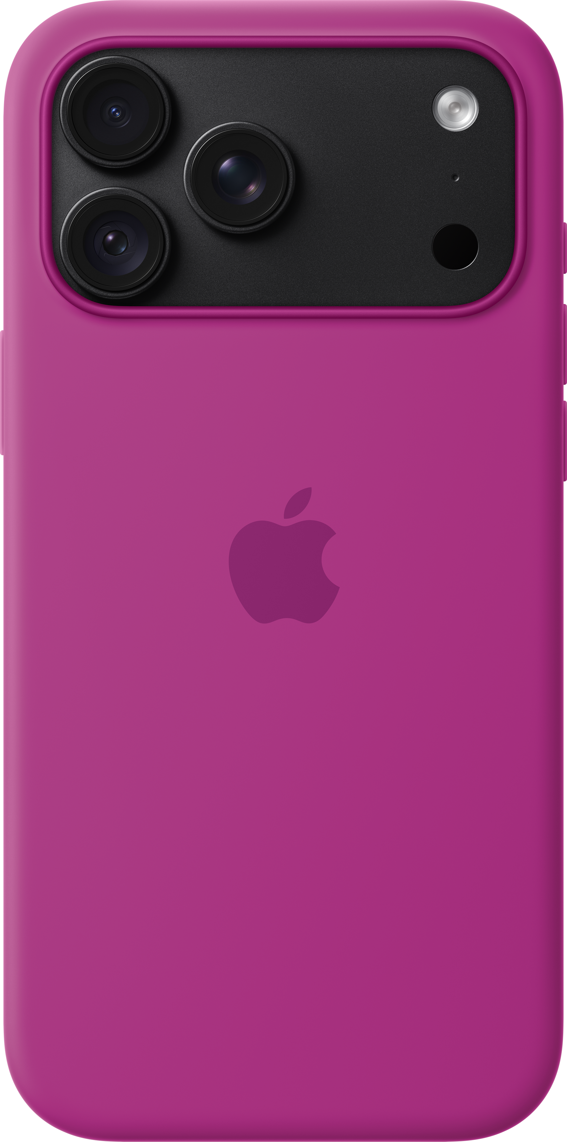 Dos d'une coque iPhone rose avec logo Apple et triple appareil photo.