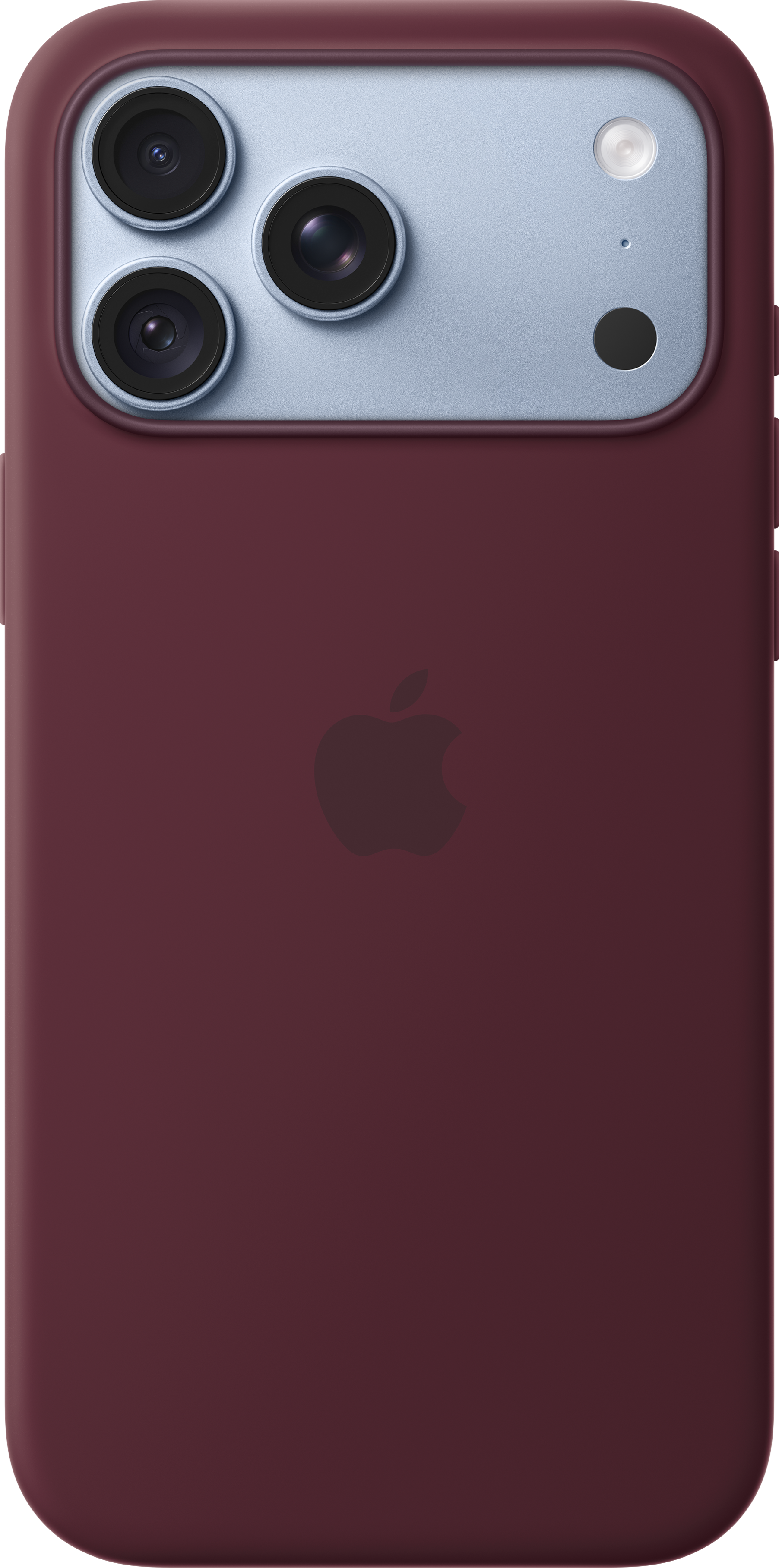 Coque bordeaux avec bloc photo bleu clair abritant trois objectifs, un flash et le logo Apple.