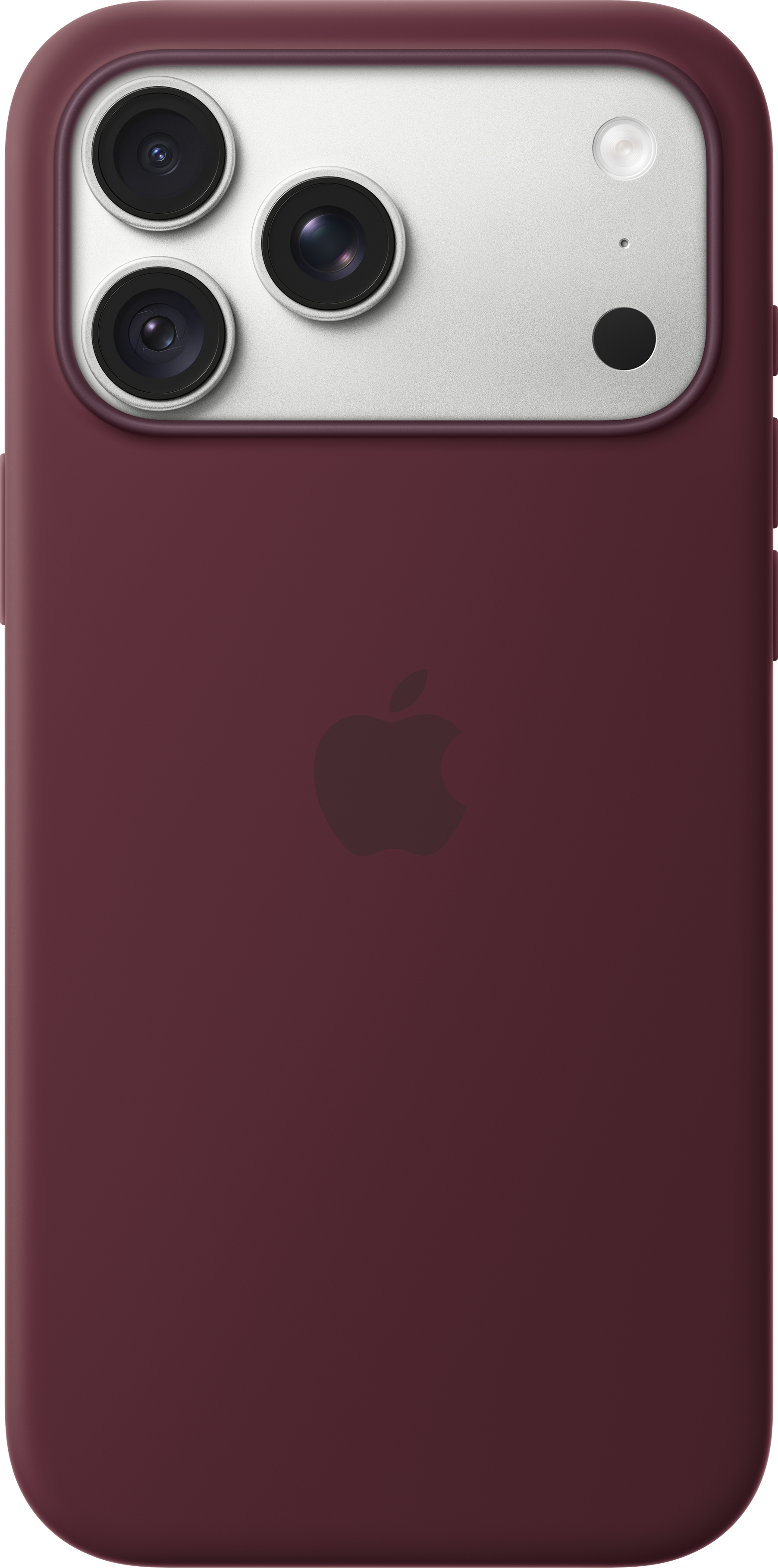 Dos d'un smartphone bordeaux avec un triple appareil photo et le logo Apple.