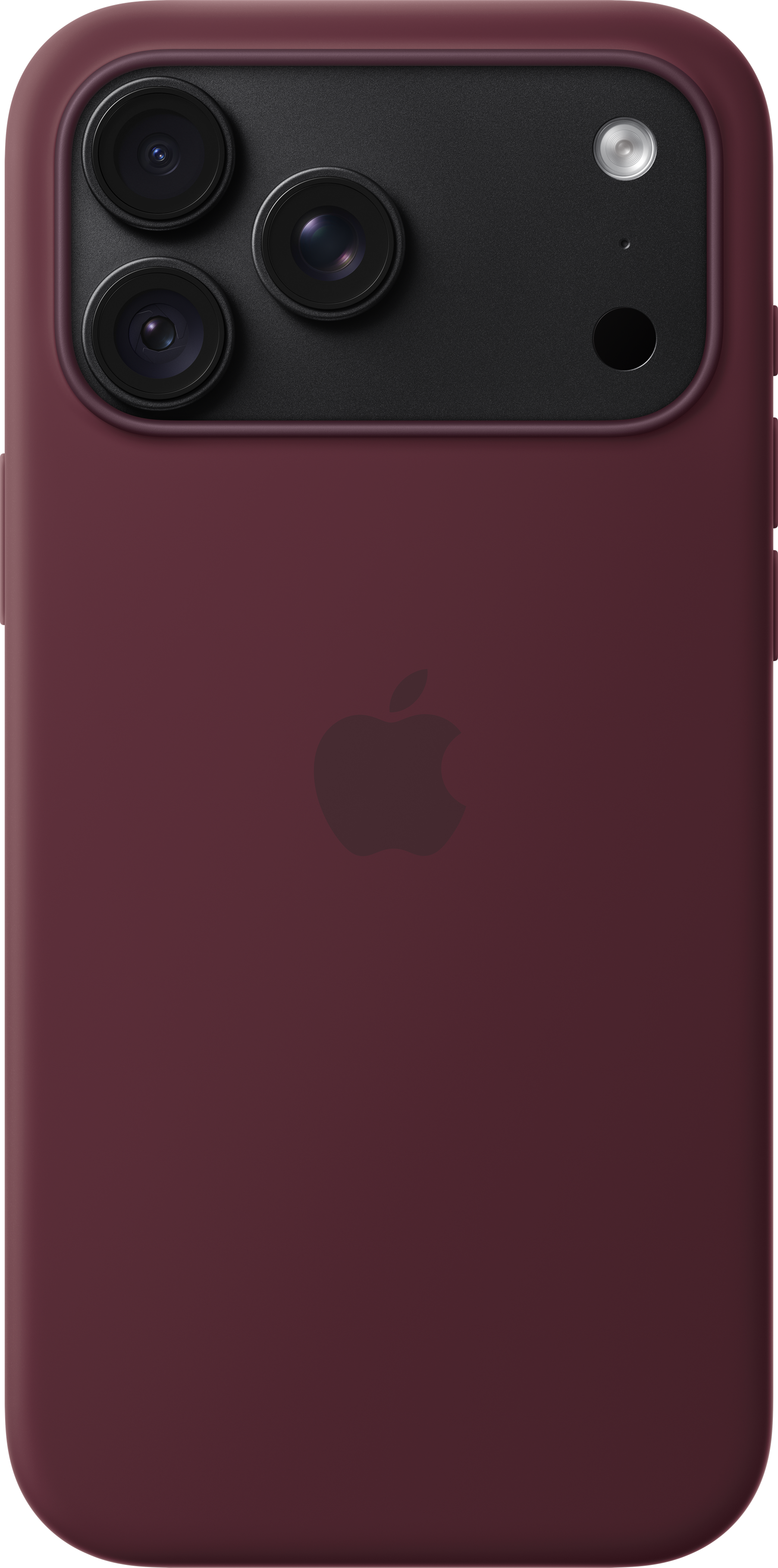 Dos d'un smartphone rouge foncé dans une coque de protection avec triple appareil photo et logo Apple.