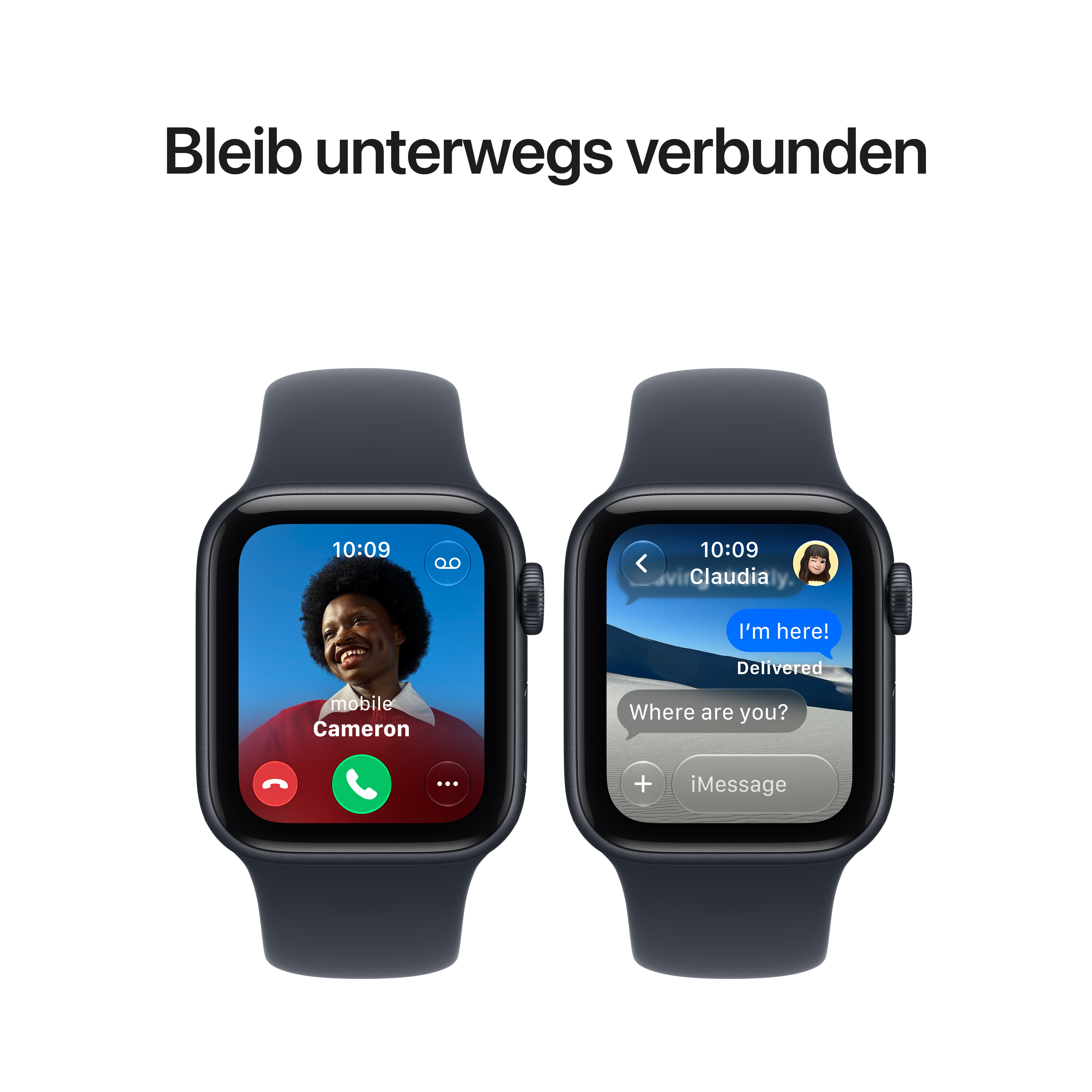 Due smartwatch che mostrano chiamate e messaggi con un titolo in tedesco.